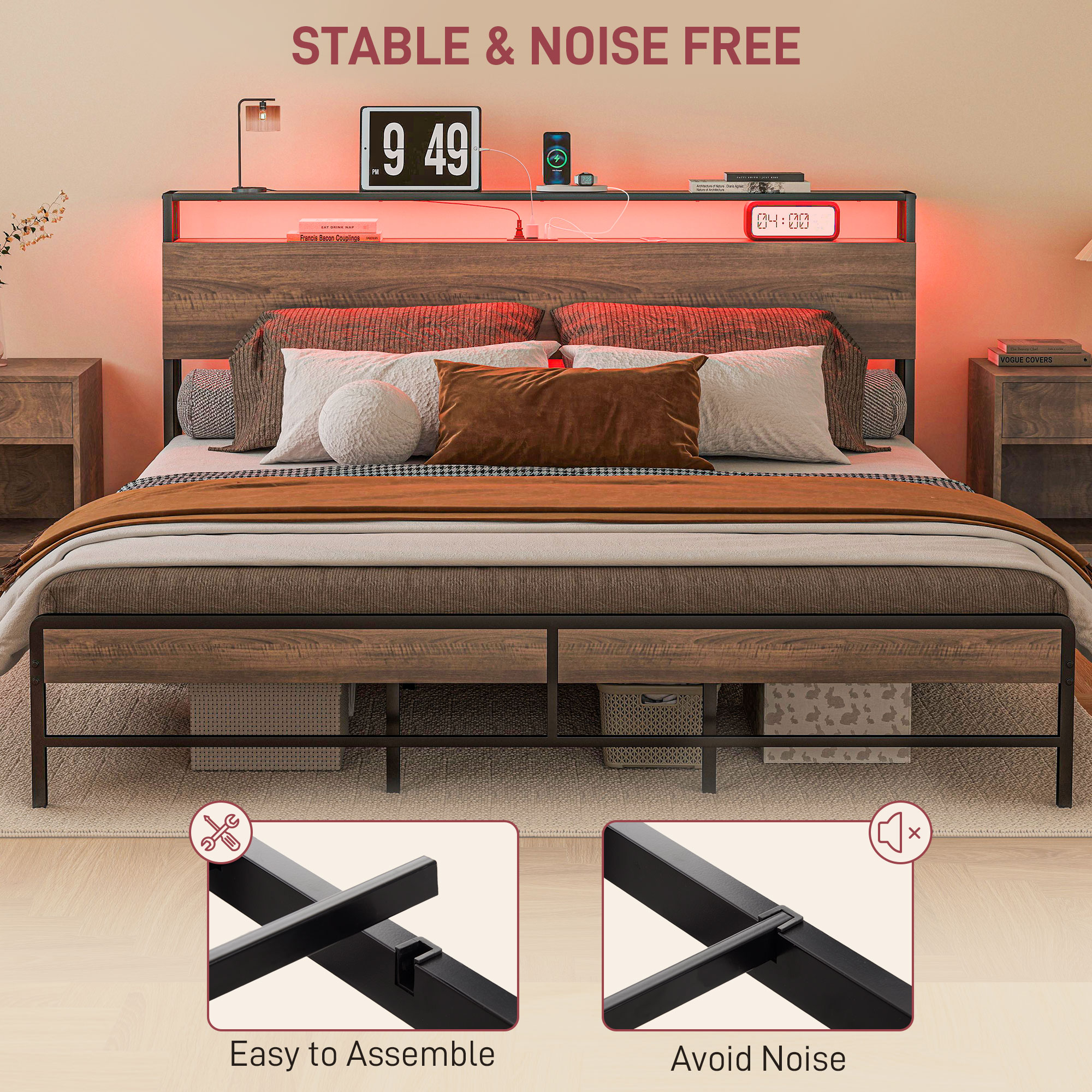HOMCOM King Size Bed Frame with LED Lights and Charging Station, King Bed Frame with Storage Headboard, Noise-Free, Walnut | Aosom.com 5