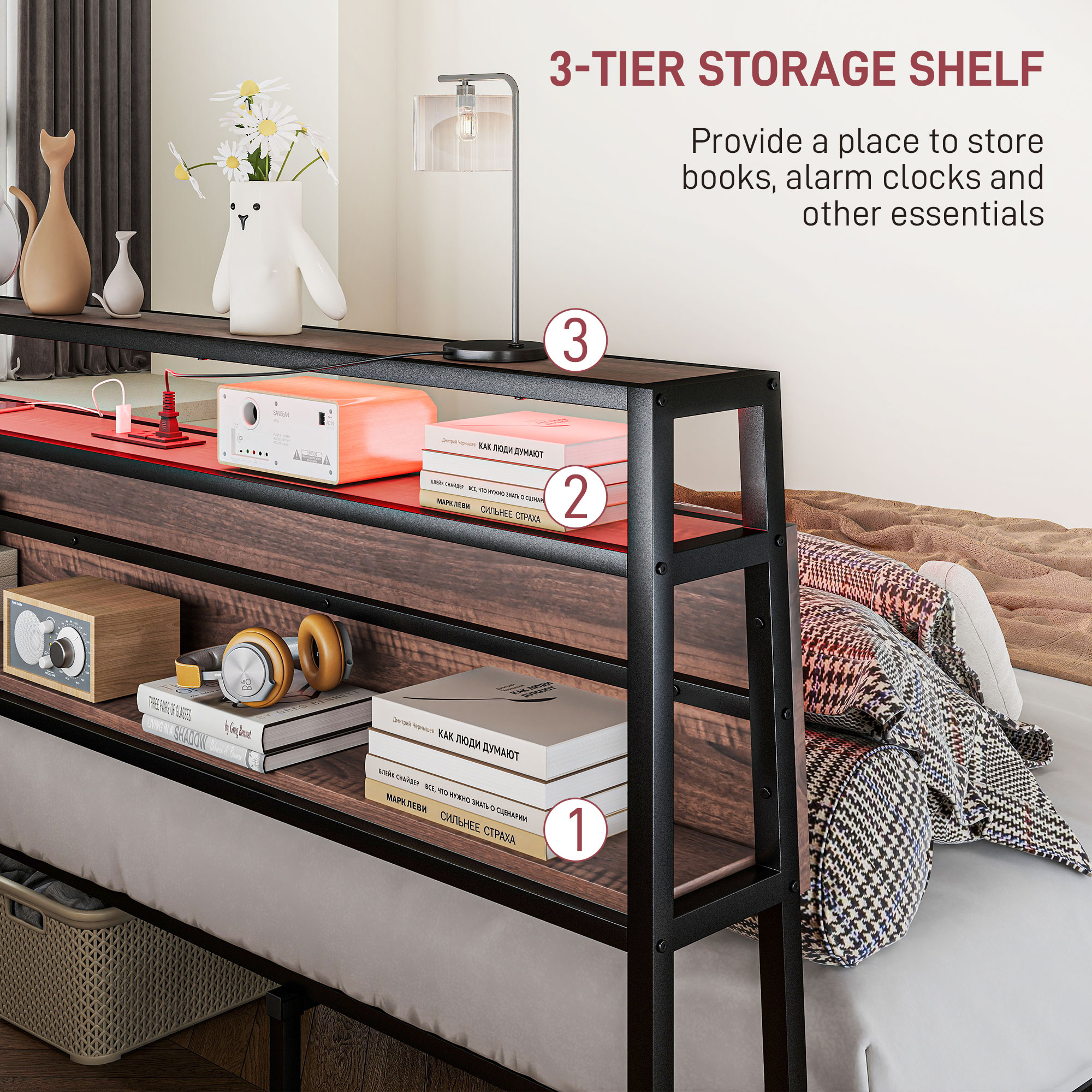 HOMCOM Queen Size Bed Frame with LED Lights and Charging Station, Queen Bed Frame with Storage Headboard, Noise-Free, Walnut | Aosom.com 4