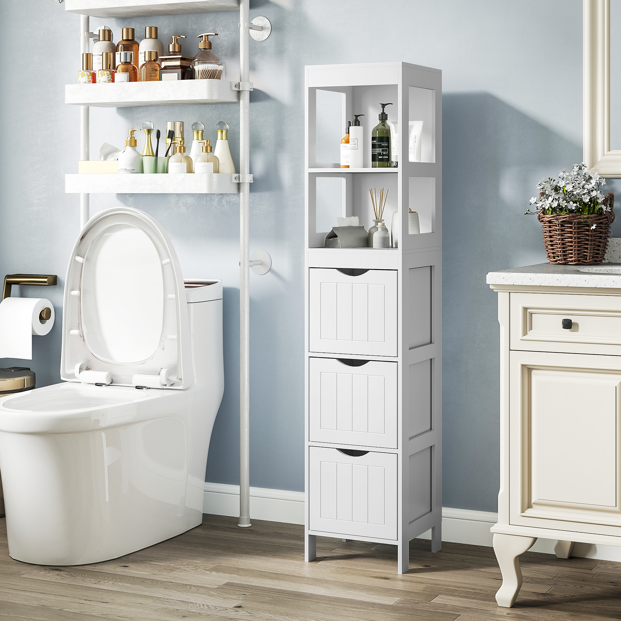 HOMCOM Narrow Bathroom Storage Cabinet, Bathroom Cabinet with 3 Drawers & 2 Open Shelves, Slim Bathroom Floor Cabinet, White 7