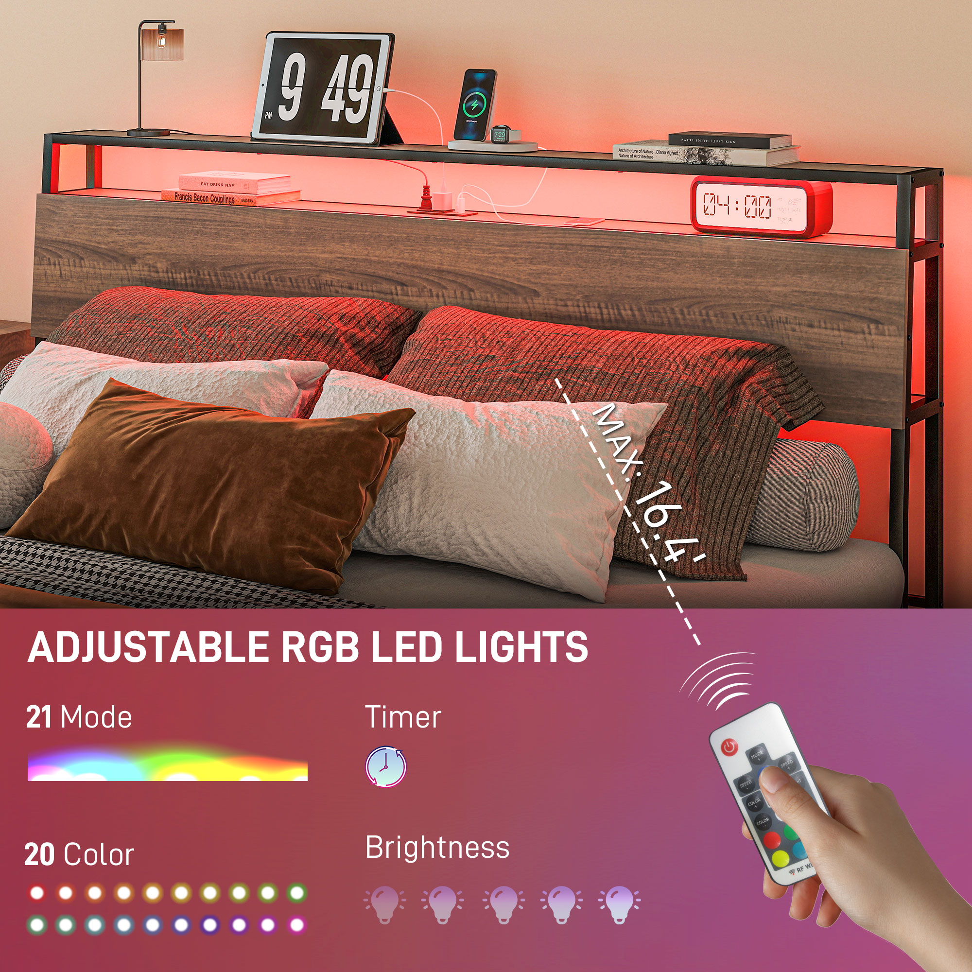 HOMCOM King Size Bed Frame with LED Lights and Charging Station, King Bed Frame with Storage Headboard, Noise-Free, Walnut | Aosom.com 2