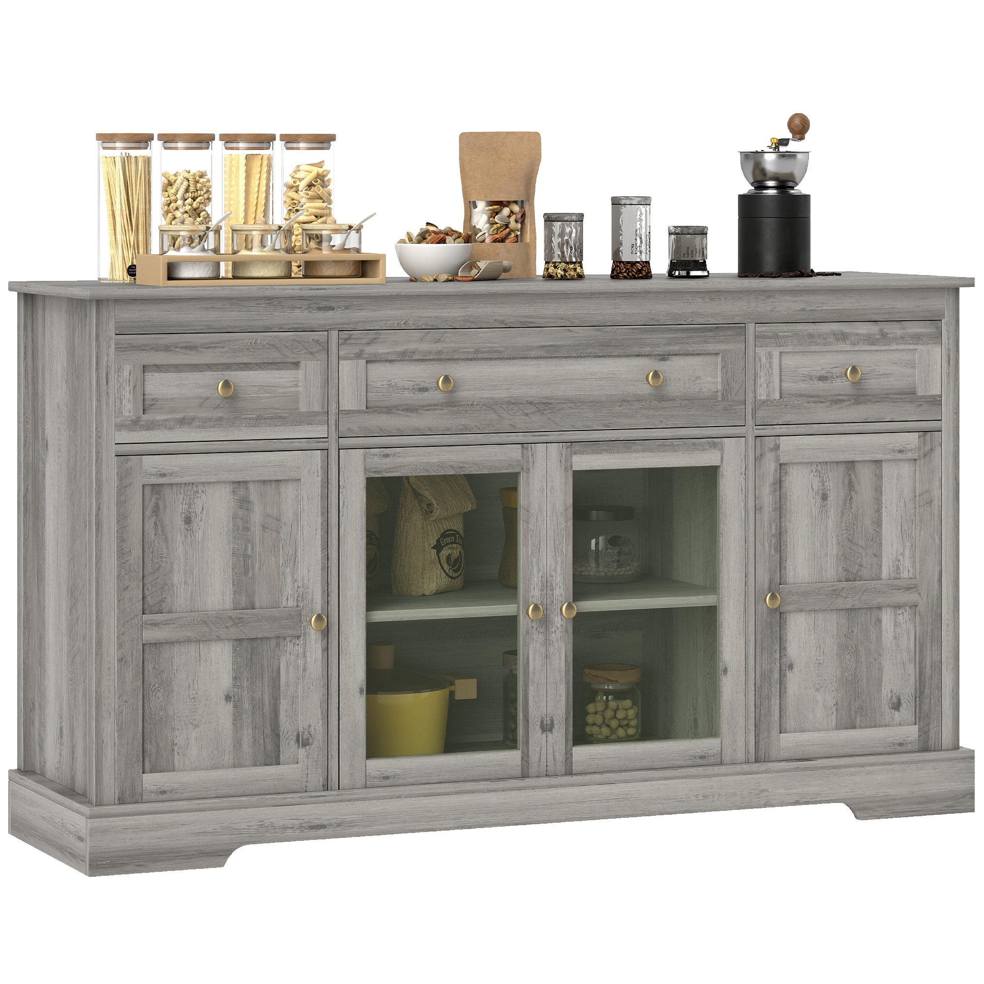 Coffee Bar Organizer Unit with Glass Doors and Adjustable-Height Shelves, Meal Room Sideboard Buffet Organizer Unit with Organizer, Weathered Grey Oak 1