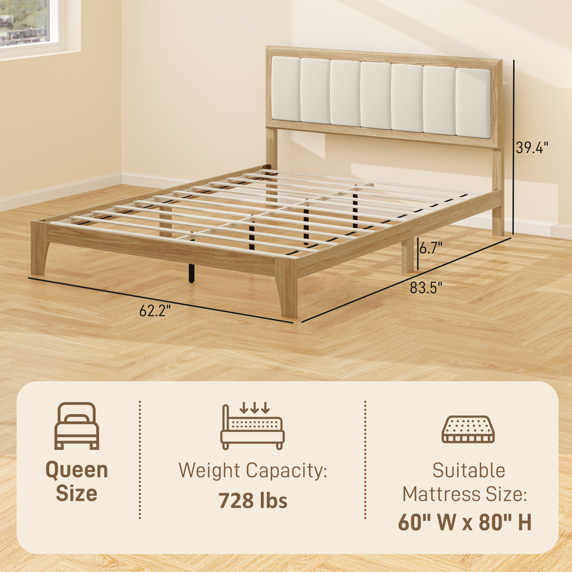HOMCOM Queen Size Bed Frame with Headboard Queen Platform Bed Frame with Wooden Slats No Box Spring Needed Easy Assembly Oak 1