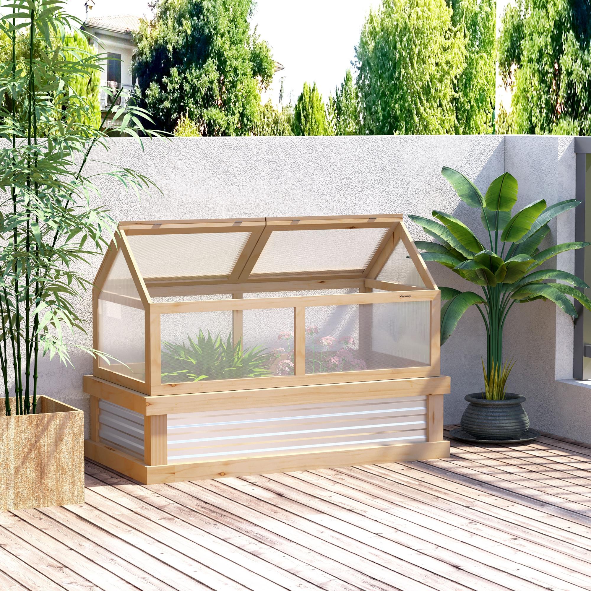 Outsunny Raised Garden Bed with Greenhouse, Wooden Cold Frame Planter Greenhouse with Pointed Open Roofs, 48"x24"x32", Natural Aosom Canada