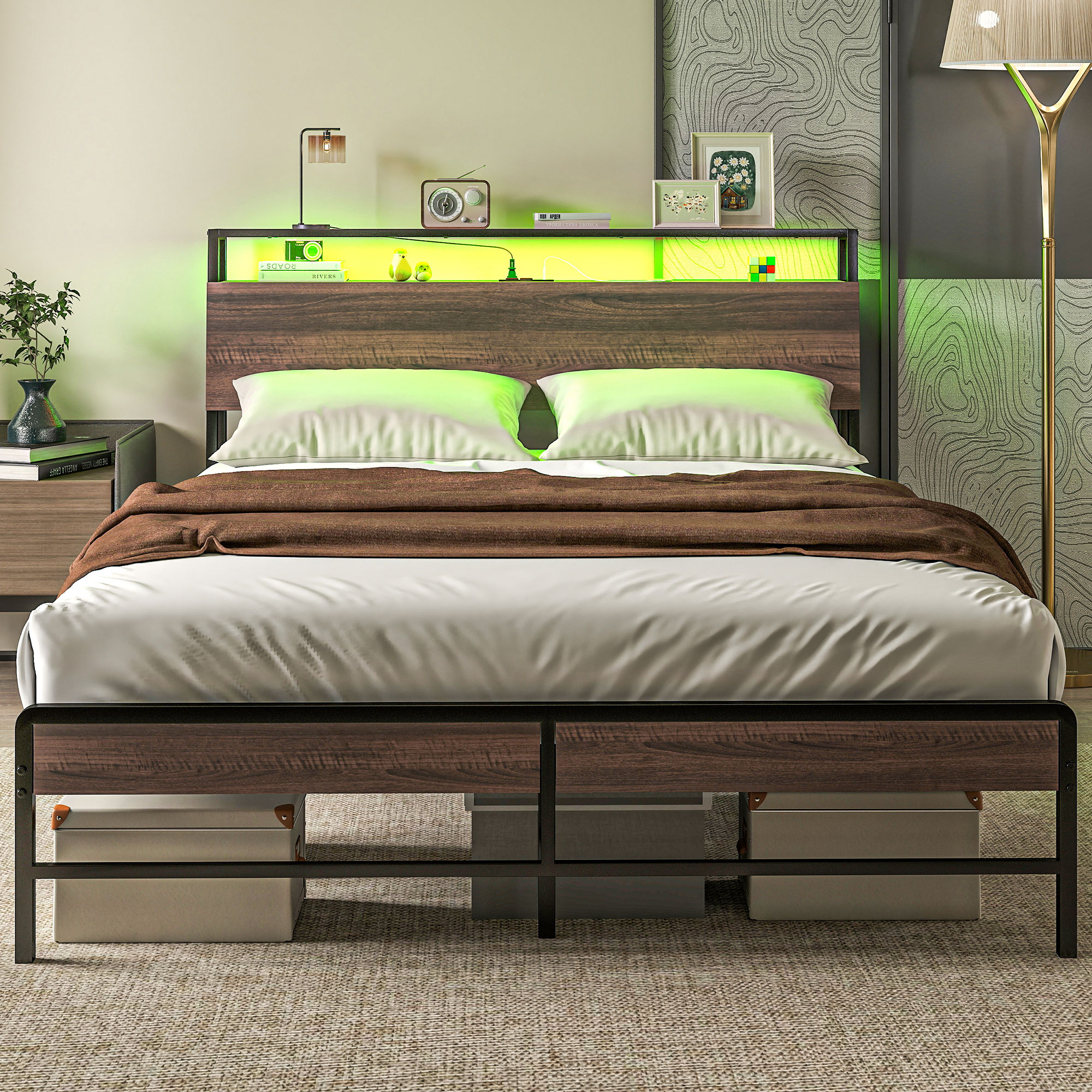 HOMCOM Queen Size Bed Frame with LED Lights and Charging Station, Queen Bed Frame with Storage Headboard, Noise-Free, Walnut | Aosom.com 0