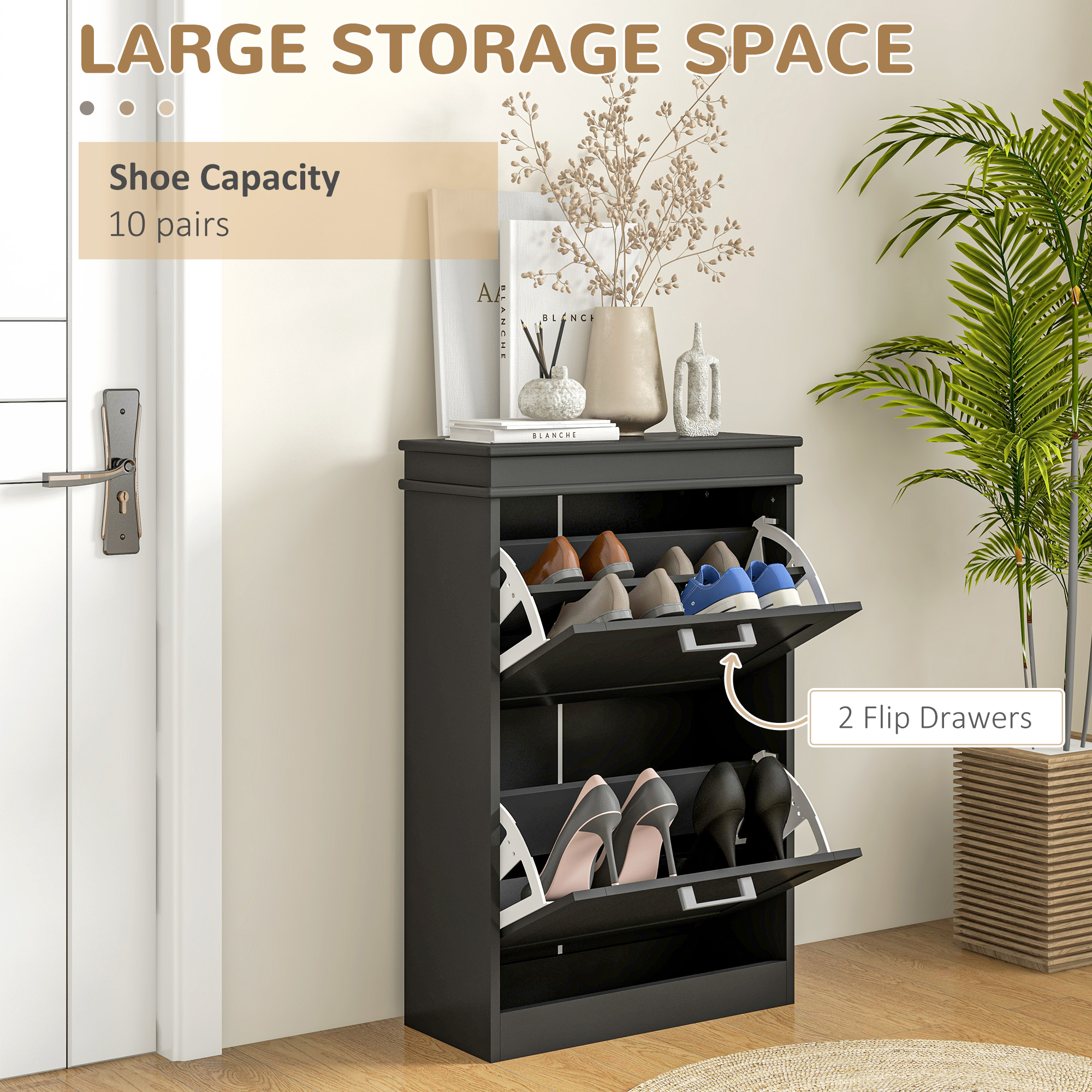 HOMCOM Modern Shoe Storage Cabinet with 2 Flip Drawers for