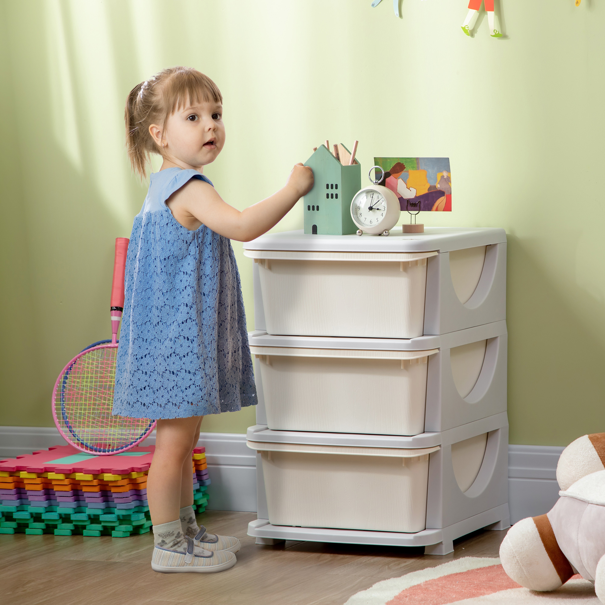 Qaba 3 Tier Kids Toy Organizer and Storage Bins with 3 Plastic Drawers, Cream White Aosom Canada