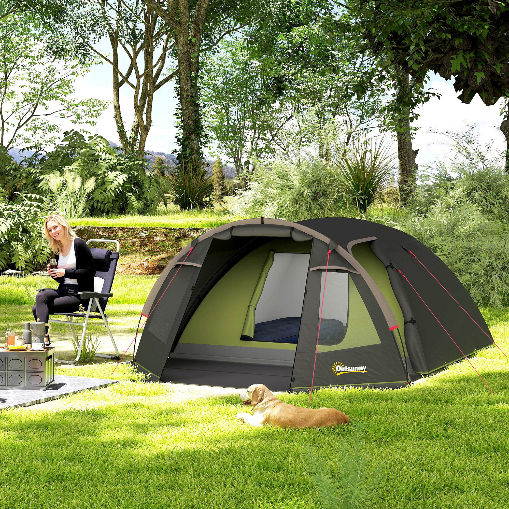 Outsunny 2-4 Man Camping Tent, 3000mm Waterproof Tunnel Tent with 2 Rooms, Sewn-in Groundsheet, 3 Doors and Hook | Aosom Canada