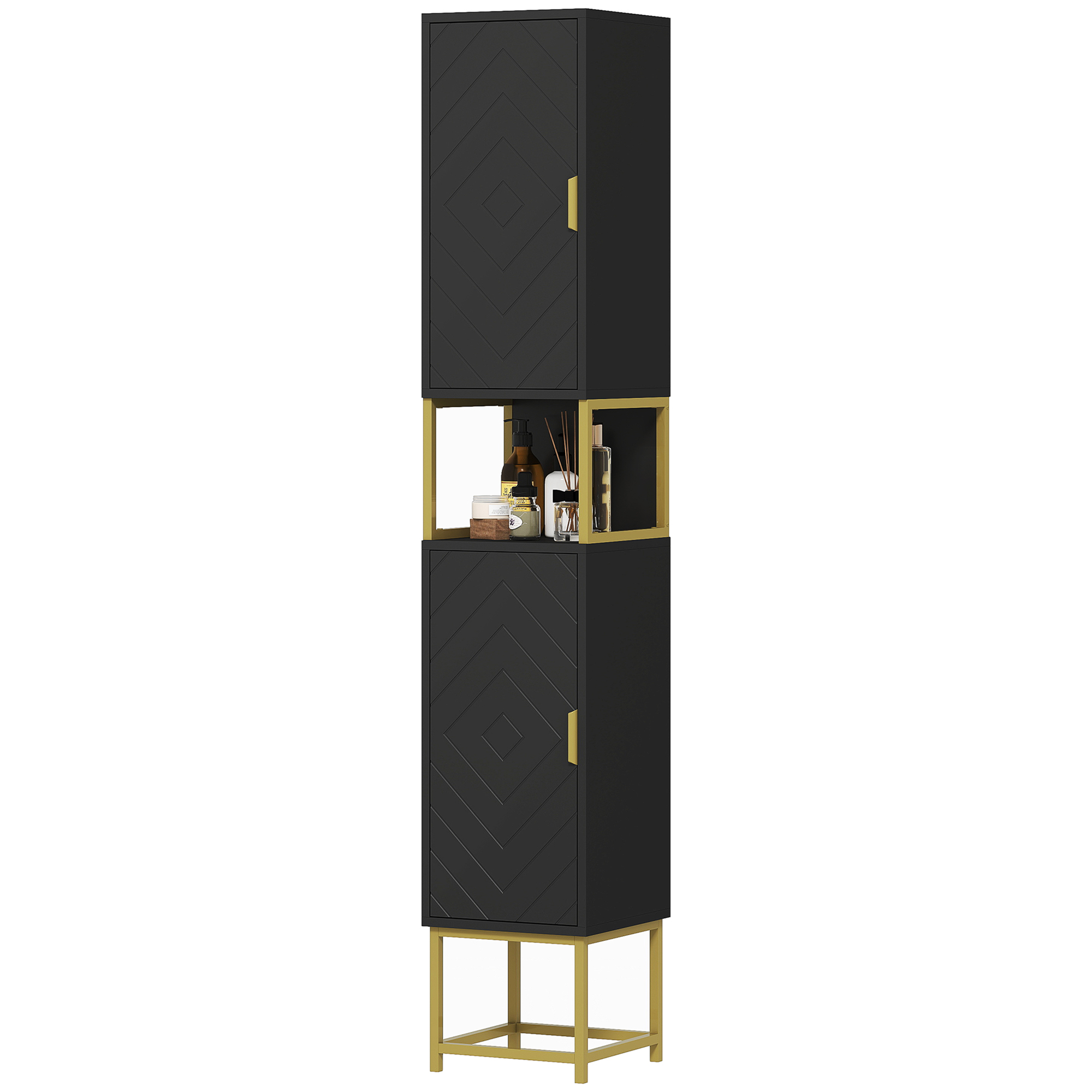 Modern Narrow Bath Organizer Unit with Diamond Chevron Pattern and Adjustable-Height Shelving, Tall Bath Organizer Organizer Unit, Black 1