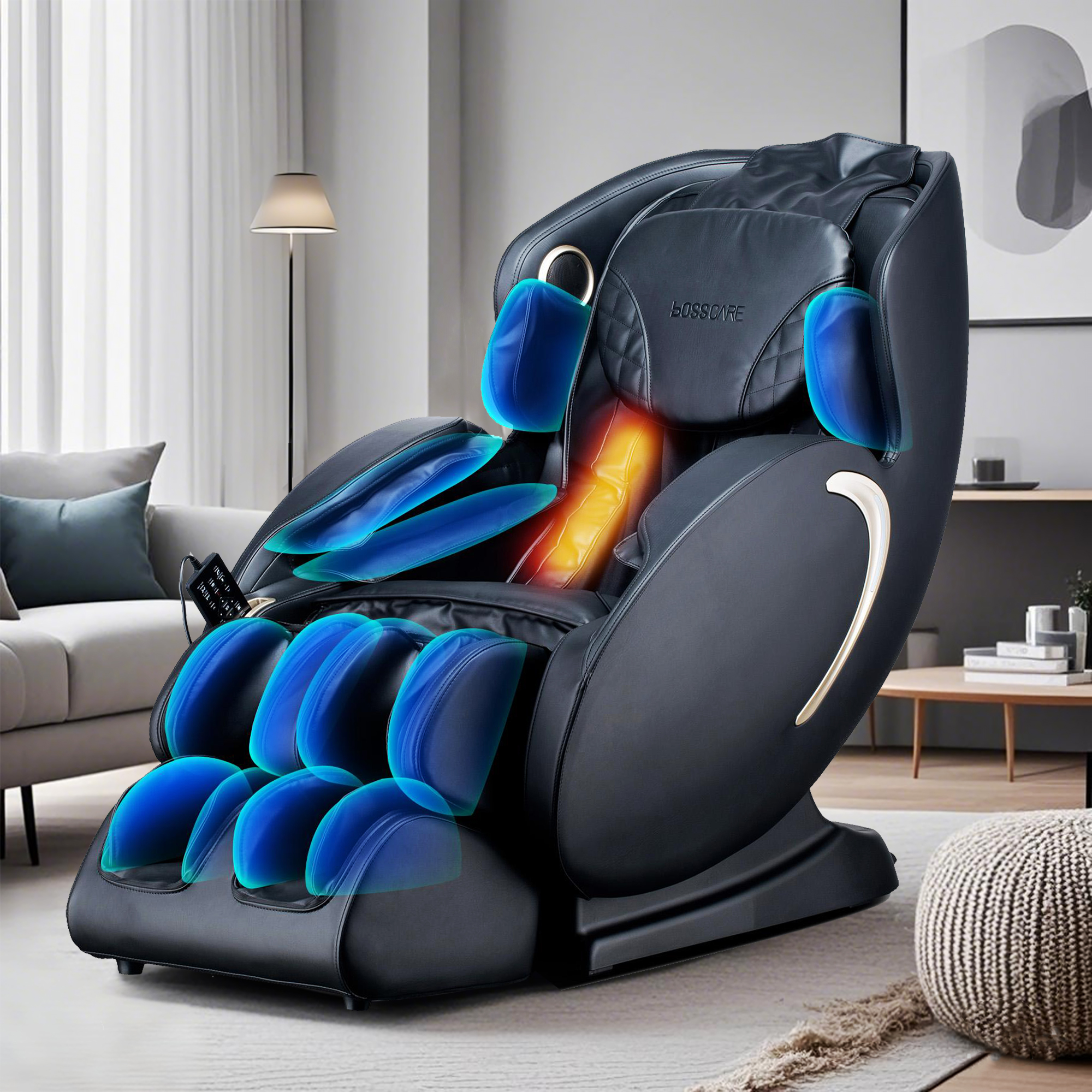 BOSSCARE 3D Zero Gravity Massage Chair with Voice and App Control, Back Heating, Full Body Shiatsu Recliner, 52" L x 29" W x 43" H, Black