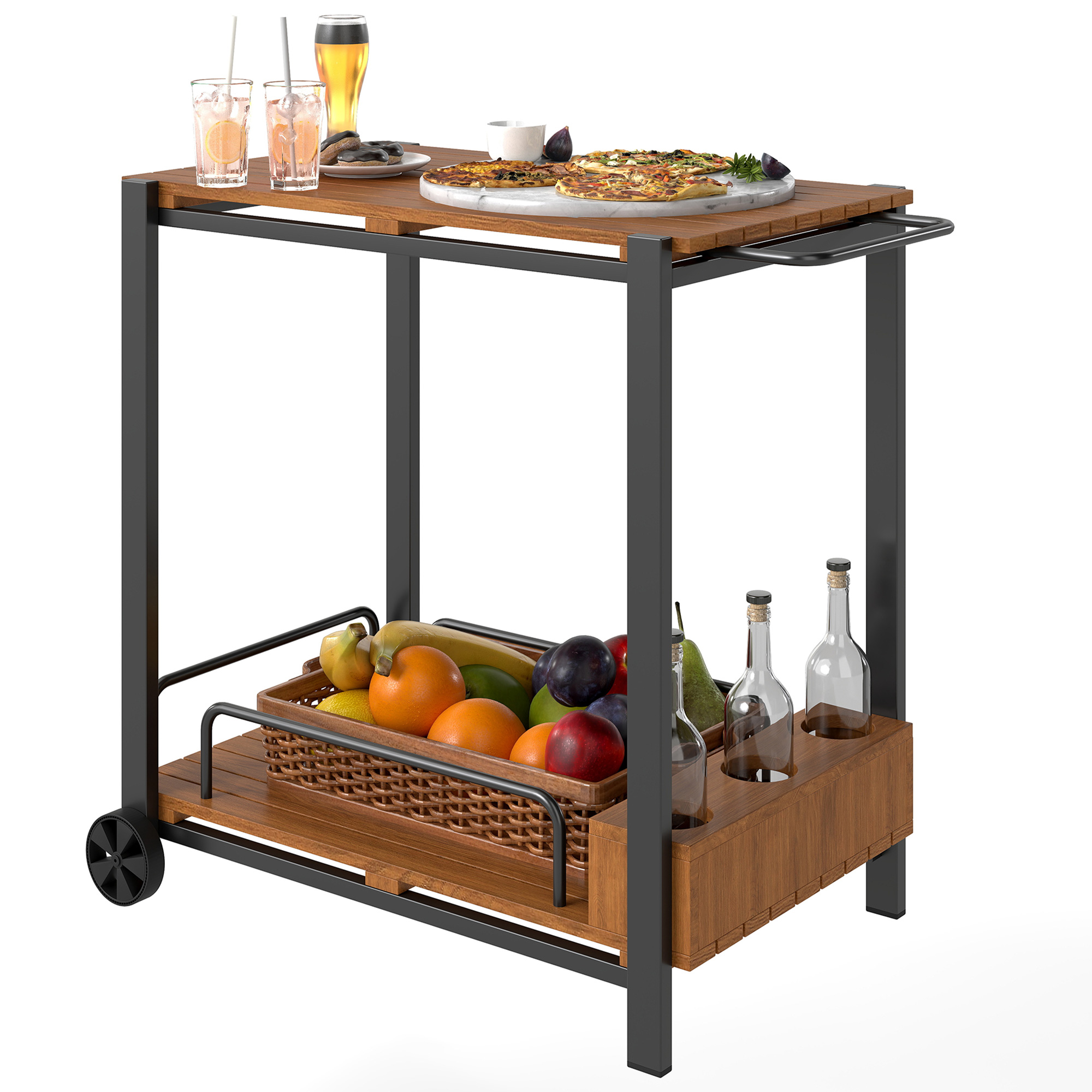 Outsunny Acacia Wood Outdoor Bar Cart with Wheels, Rolling 2-Tier Coffee & Drink Cart with 3 Bottle Holders, Teak