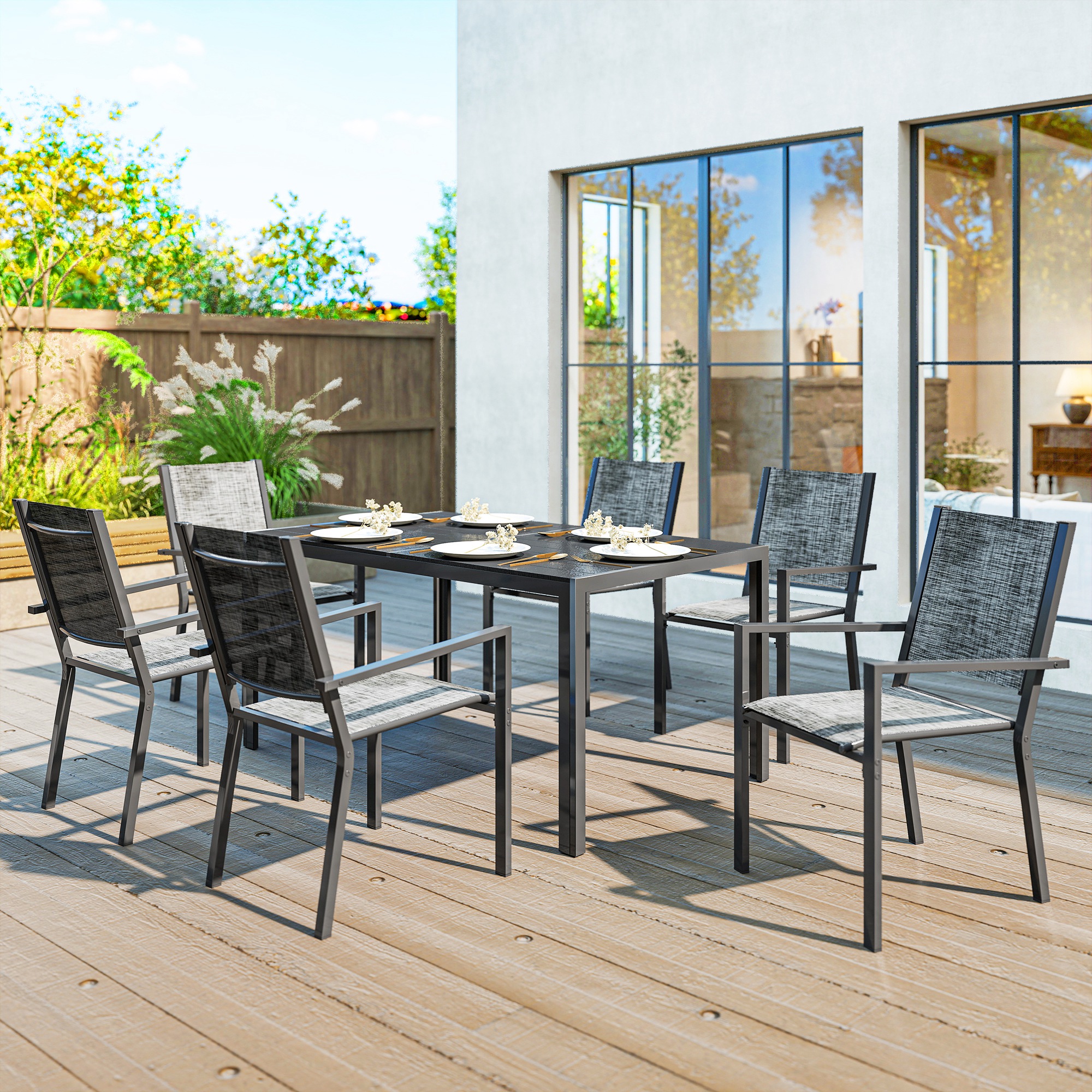 Outsunny 7 Piece Outdoor Dining Set with 6 Stackable Chairs, Rectangle ...