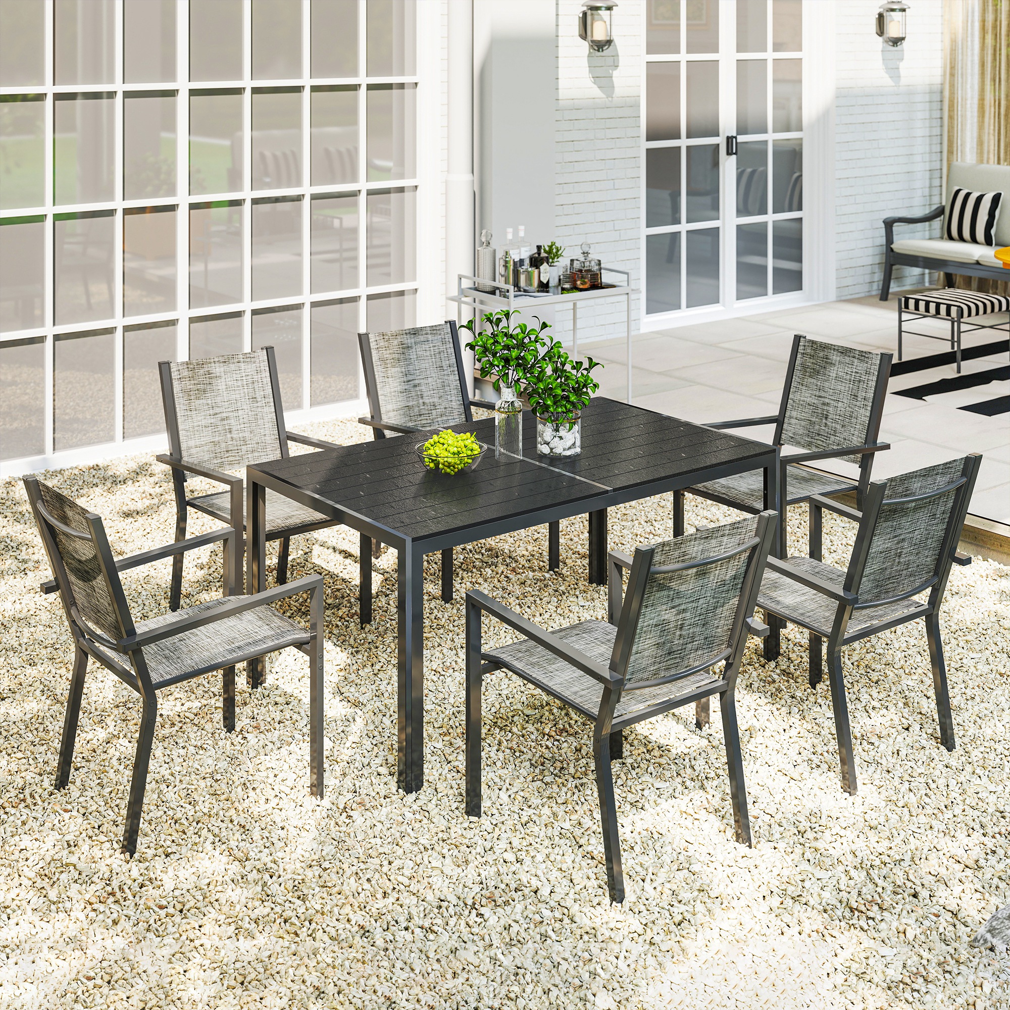Outsunny 7 Piece Outdoor Dining Set with 6 Stackable Chairs, Rectangle ...