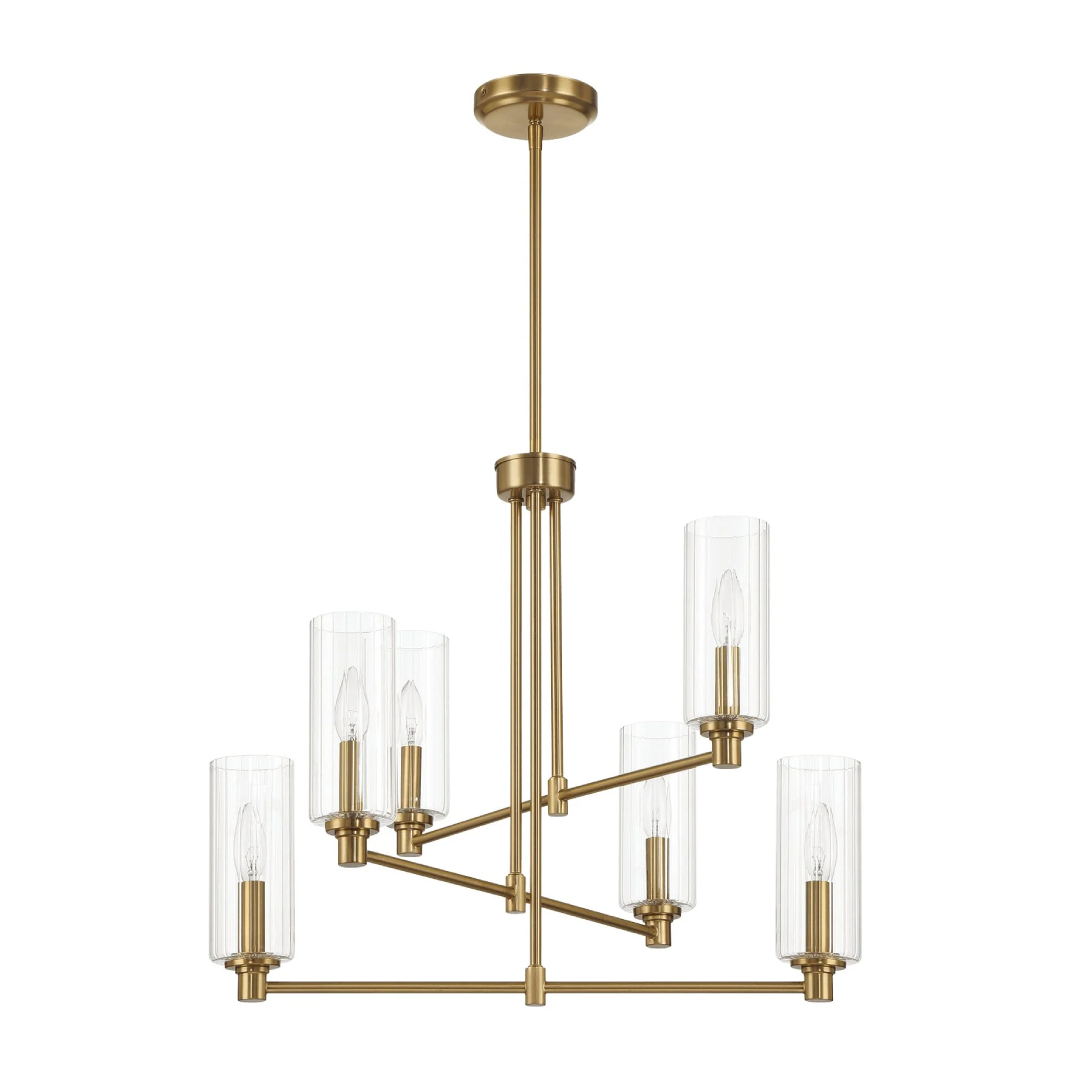 Timeless Six-Light Chandelier with Clear Ribbed Glass, Satin Brass Finish, 24" L x 24" W x 22.5" H, Antique Brass+Clear