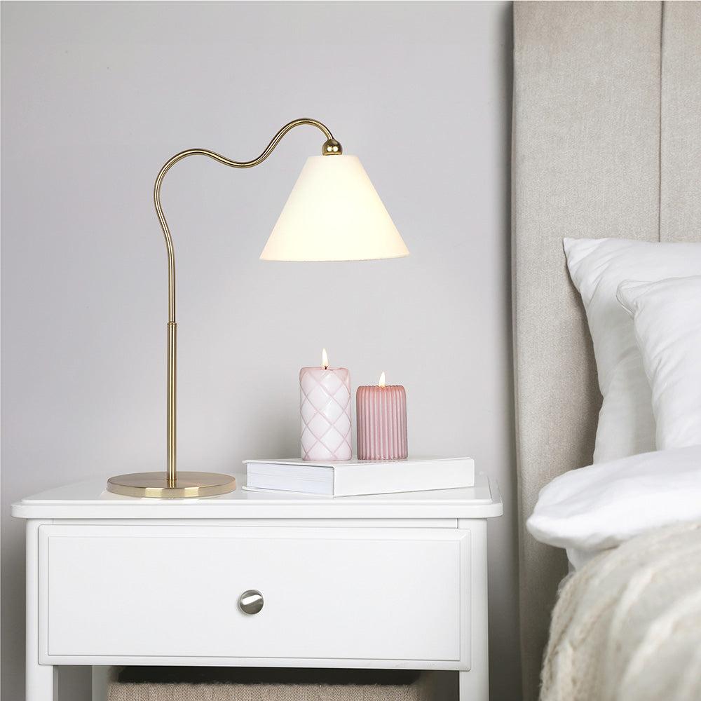 Brass Curved Nightstand Lamp with Triangle Drum Shade, Ring Base, Modern Table Lamp for Bedroom Decor, 18" L x 9.5" W x 22" H, Gold+White | Aosom.com