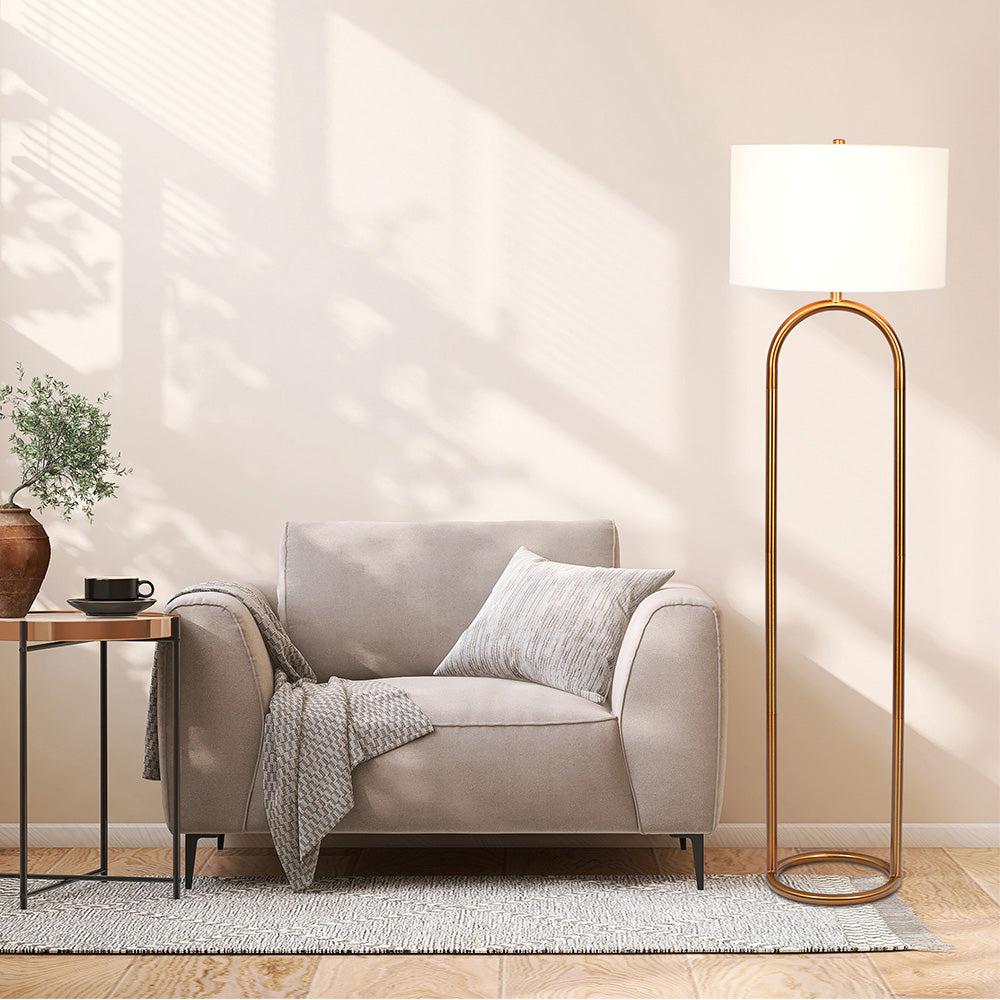 Vivid Brass Ring Base Floor Lamp with Large White Drum Shade, Elegant Design, 17" L x 17" W x 60" H, Antique Brass+White