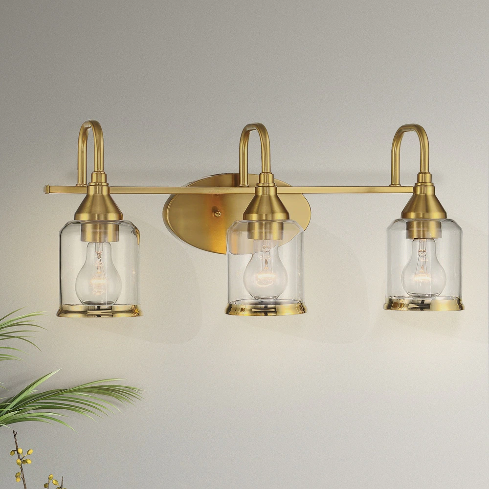 Twilight Three-Light Vanity Light with Contemporary Design, Brushed Gold Finish, Clear Glass, 7.5" L x 22" W x 10" H, Clear+Gold