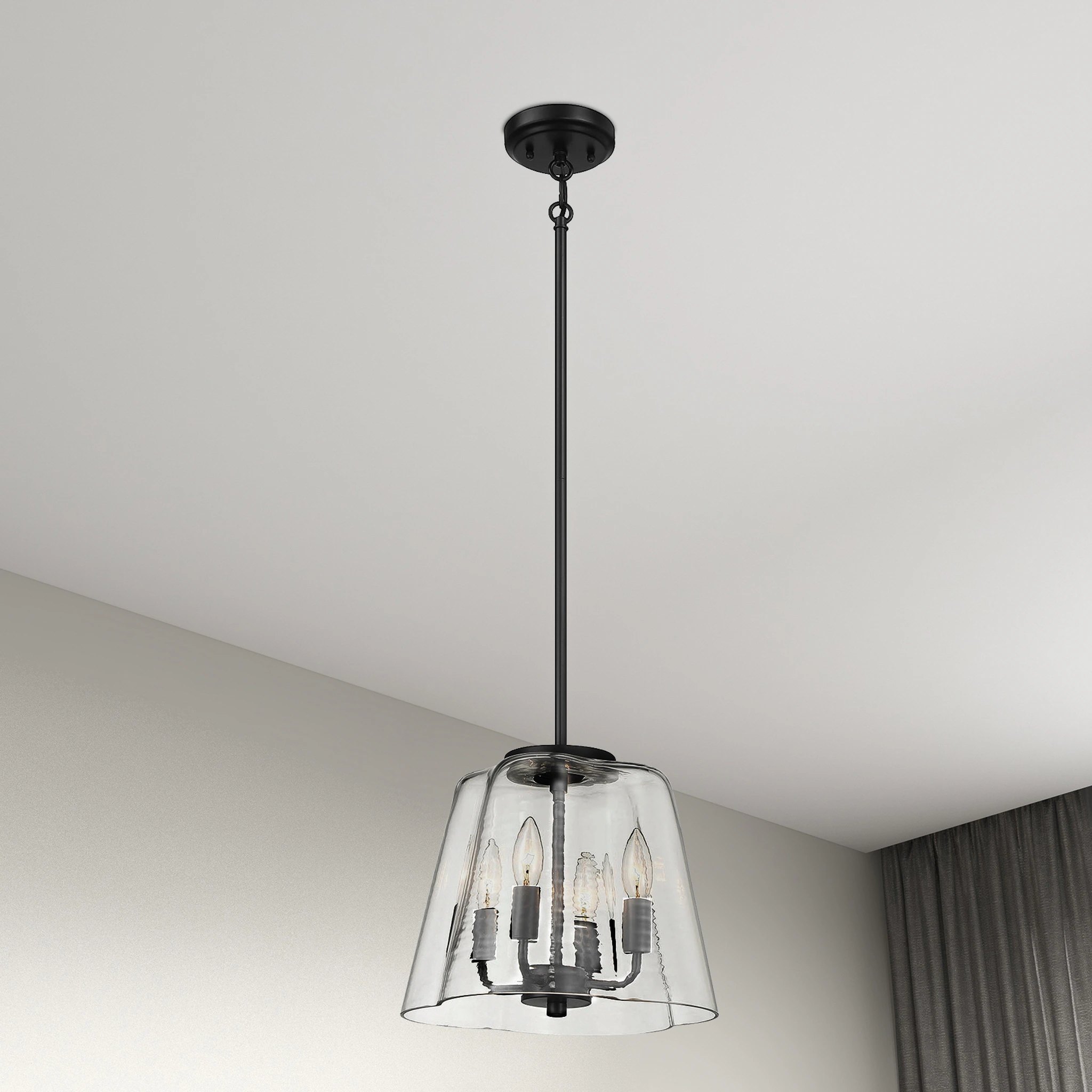 Modern Four Candle Lights Pendant with Sleek Black Finish, Clear Glass Shade, Ideal for Living Room, Bedroom, 13" L x 13" W x 11" H, Black+Clear