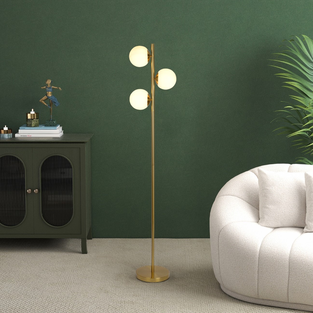 Brilliance Modern Gold Brush Floor Lamp with Opal Glass Shades, Round Metal Base, 14" L x 10" W x 64" H, Clear+Gold