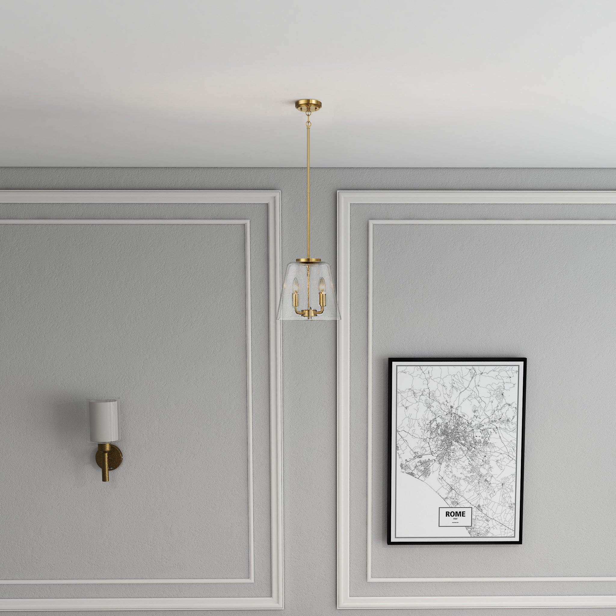 Elegant Four Candle Lights Pendant with Satin Brass Finish, Clear Glass Design, Ideal for Home Decor, 13" L x 13" W x 11" H, Clear+Gold