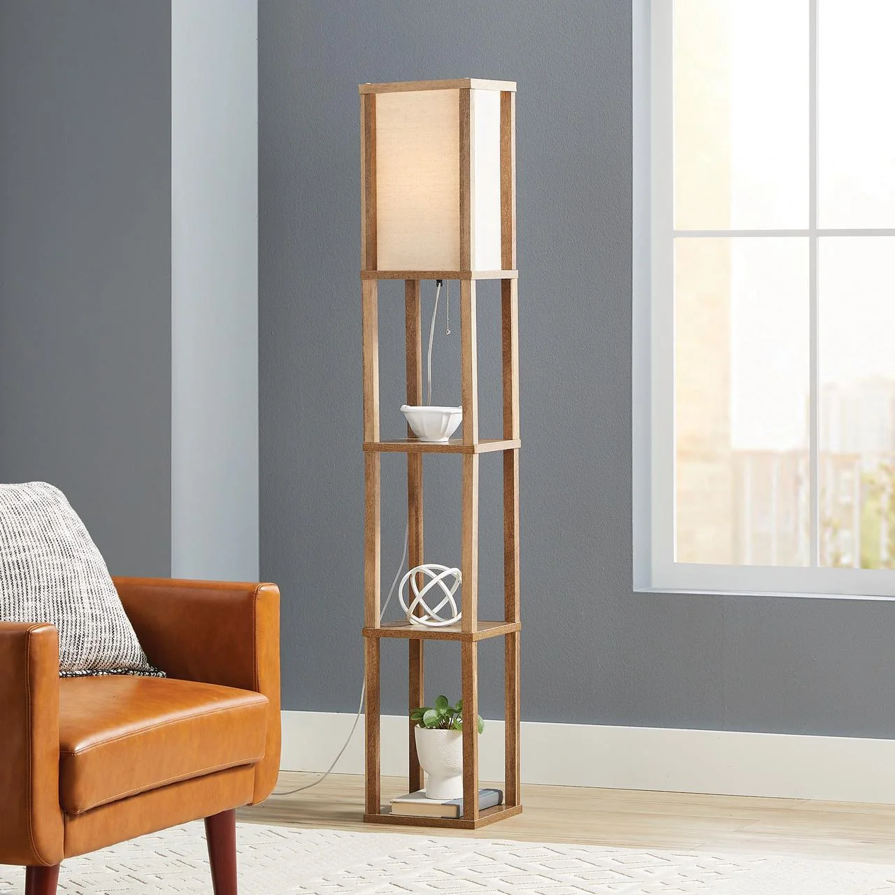Pinnacle Shelf Floor Lamp with Built-in Shelves, Natural Wood and Long Shade, 10" L x 10" W x 62" H, Natural+White