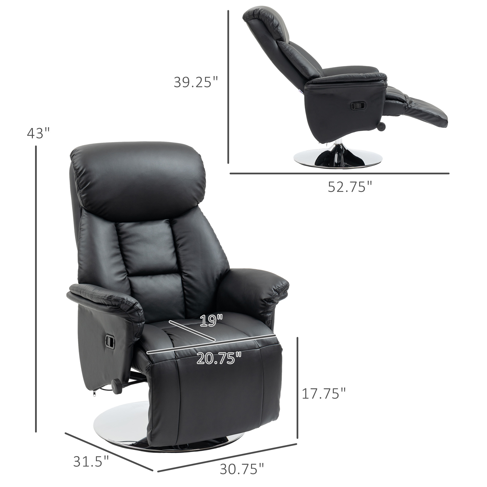 HOMCOM Adjustable Swivel Recliner Chair, PU Leather with Footrest, Padded Arms, Steel Base, Black | Aosom.com 1