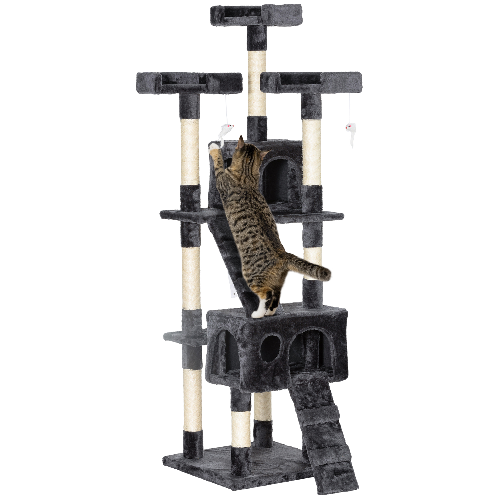 4 Tier Kitty Activity Center with Ladders & Dangling Toys, 68" Multi-Level Feline Scratching Tree with 3 Perches & 2 Condos, Grey 1