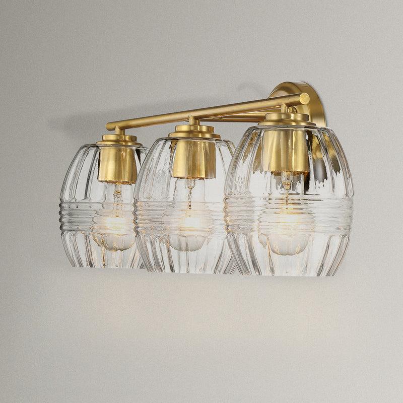 Three-Light Wall Lamp with Clear Glass, Satin Brass Finish, Luxurious Vanity Light for Bathroom Decor, 7.5" L x 22" W x 8.5" H, Clear+Gold | Aosom.com