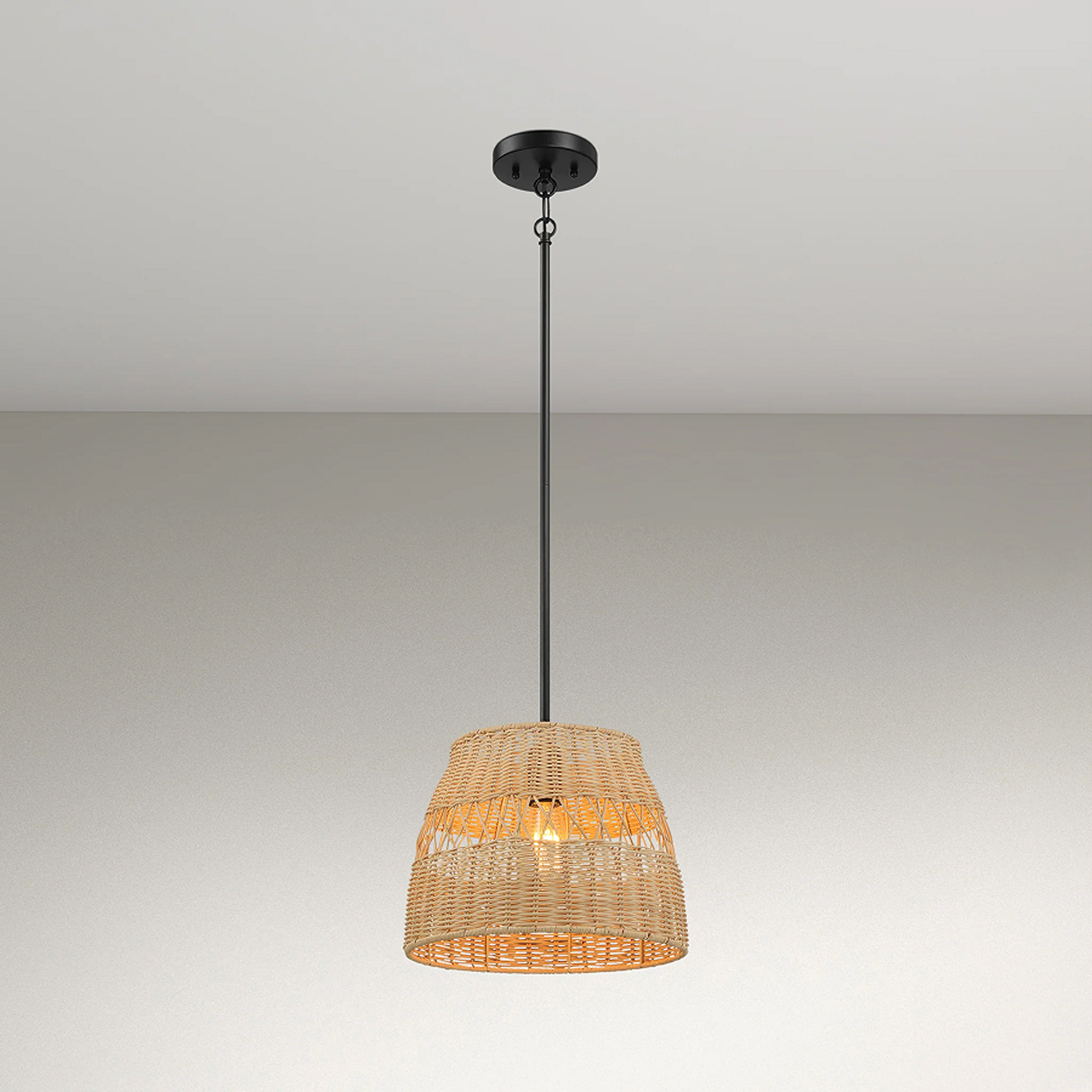Farmhouse Style Single Light Pendant with Rattan Shade, Black Metal Finish, Ideal for Homer Decor, 12" L x 12" W x 10" H, Black