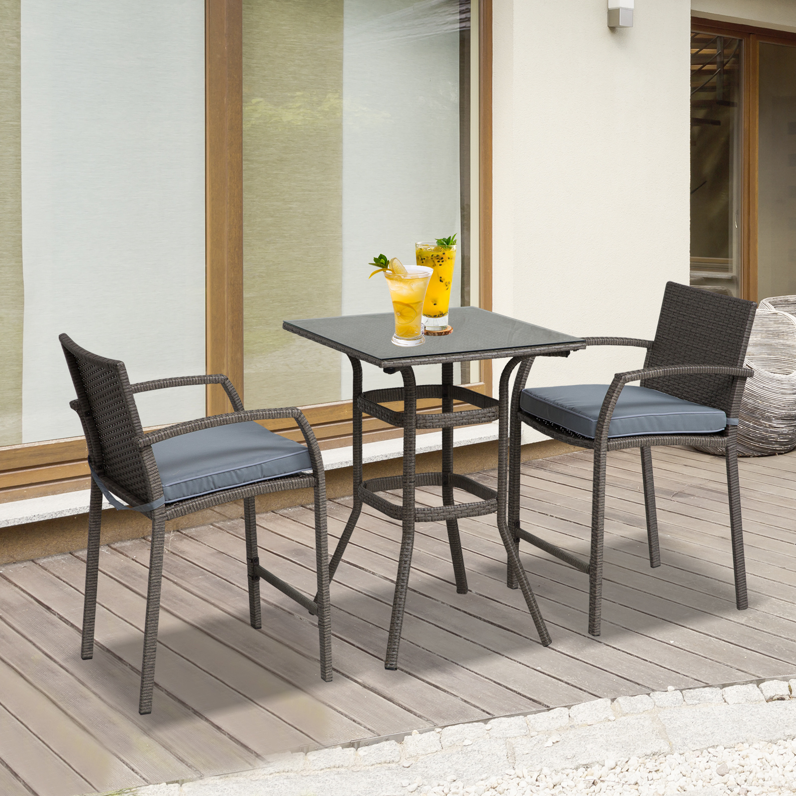 Outsunny 3 Pieces Patio Bar Set Wicker Garden Bistro Set Outdoor Furniture PE Rattan Table and Stools with Seat Cushion, Grey Aosom Canada