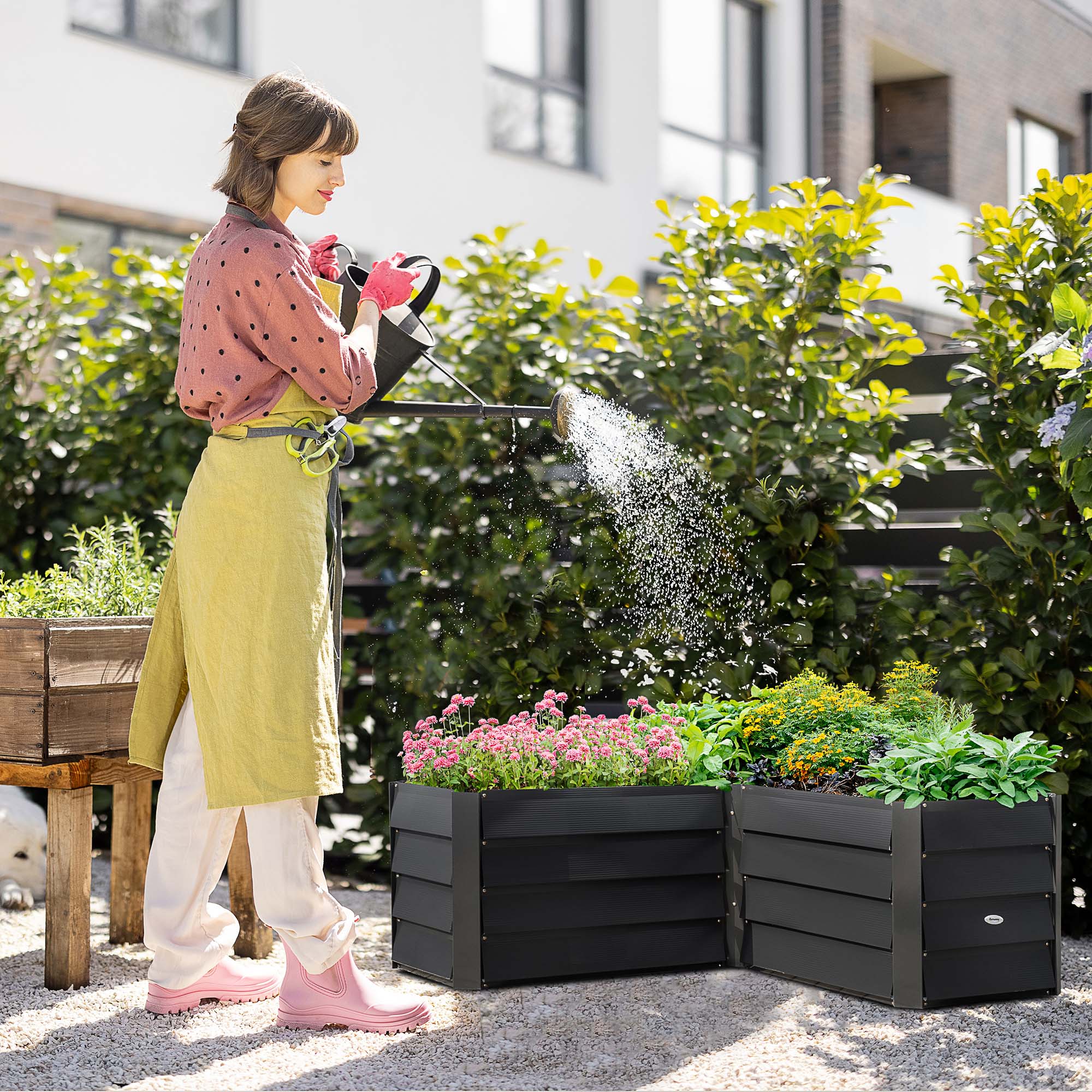 Outsunny 45" x 45" x 17" L-Shaped Galvanized Steel Raised Garden Bed for Vegetables, Flowers, Herbs, Dark Grey | Aosom Canada