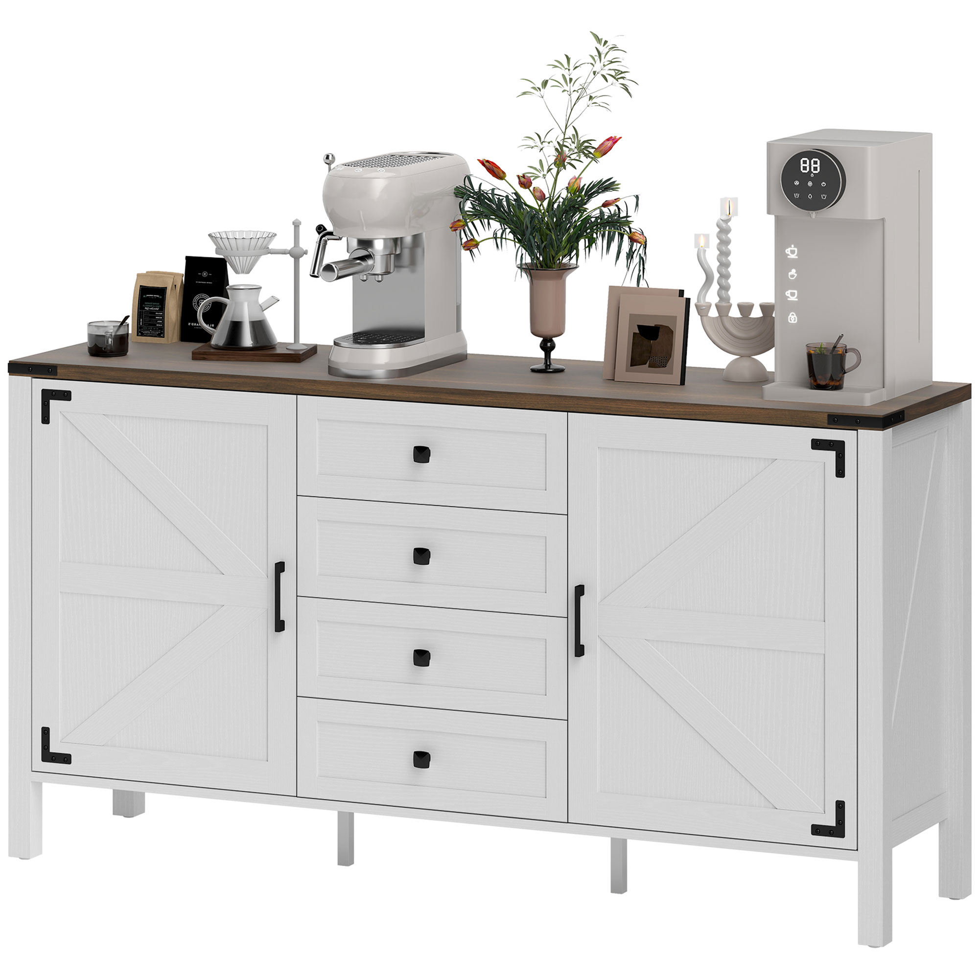 Farmhouse Sideboard with Thick Top, 59" Buffet Organizer Unit, 2 Barn Doors, 4 Drawers and 2 Adjustable-Height Shelves, White 1