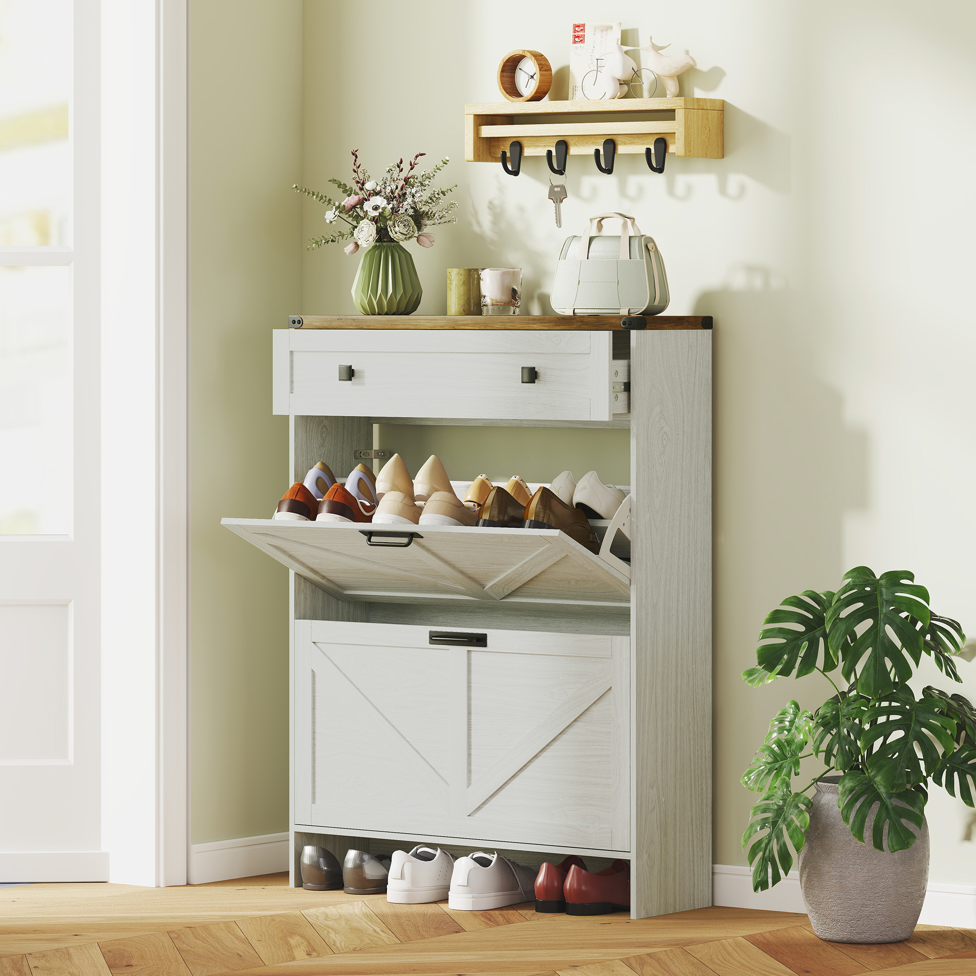 HOMCOM Narrow Shoe Storage Cabinet, Farmhouse Shoe Cabinet with 2 Flip Drawers, 1 Drawer, 12 Pairs for Entryway, White Aosom Canada
