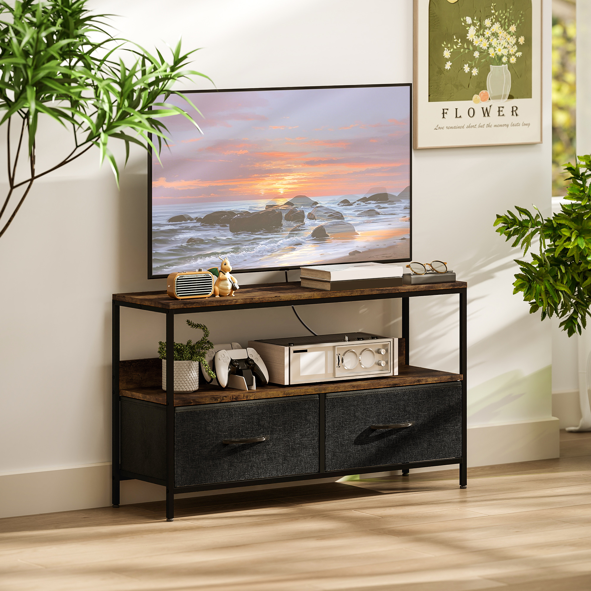HOMCOM TV Stand with Charging Station, TV Table with 2 Foldable Linen Drawers and Open Shelf for 47 Inch TV, Rustic Brown Aosom Canada