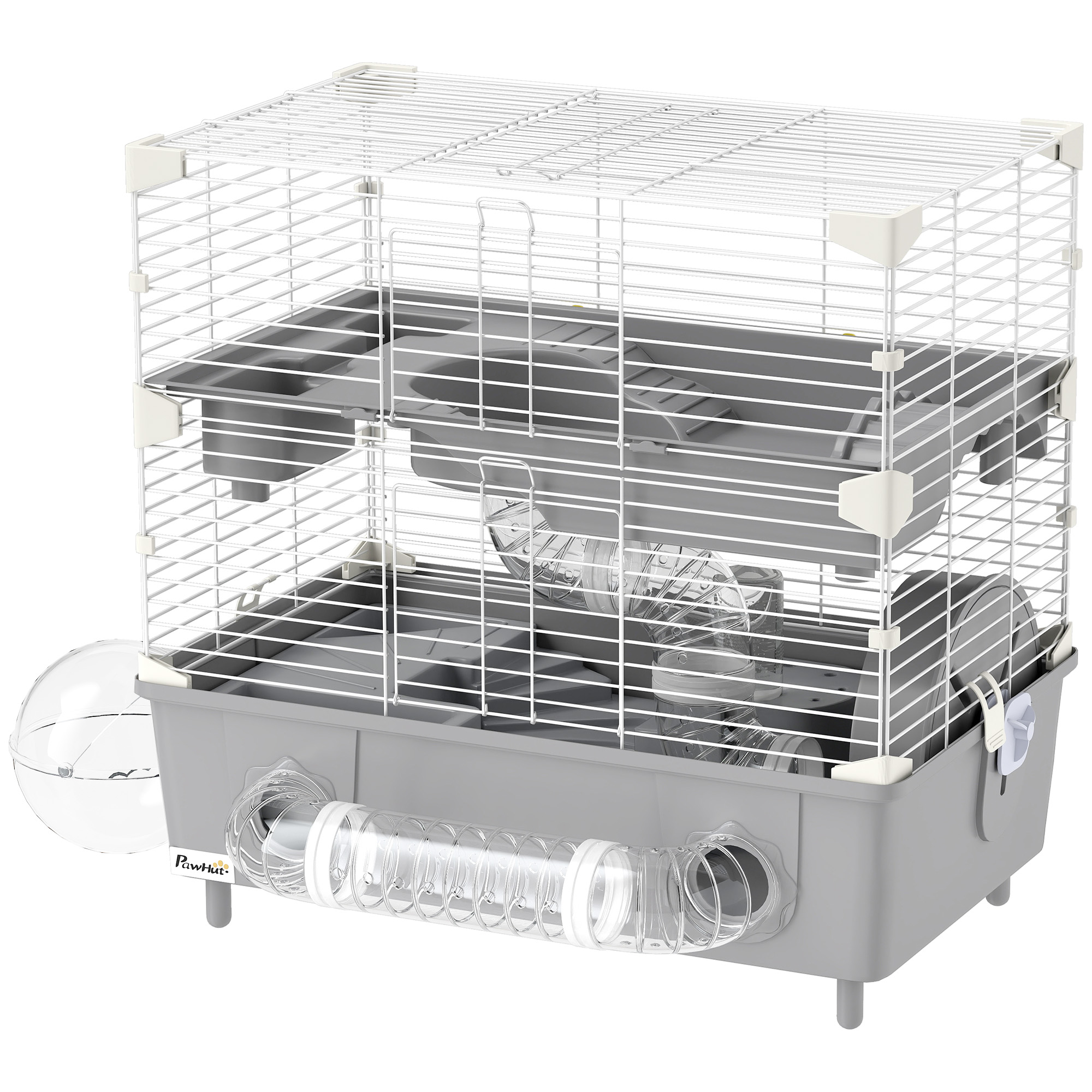 PawHut 2-Tier Hamster Cage with Sand Bathroom, Running Wheel, Water Bottle, Tubes, Accessories, for Dwarf Hamster, Gray