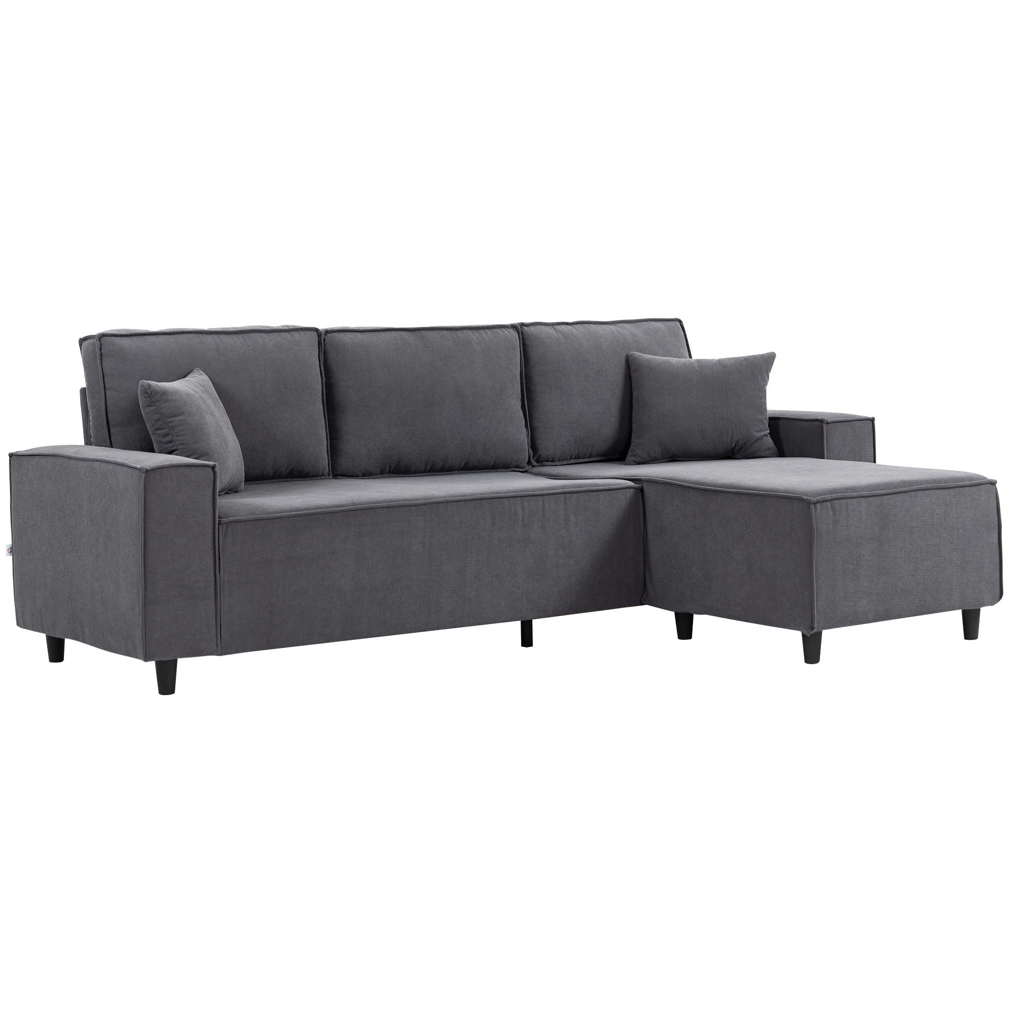 Corner Sofa with Changeable Chaise, Corduroy L-Shaped Sectional Sofa with Pocket Spring, 2 Pillows, Charcoal Grey 1