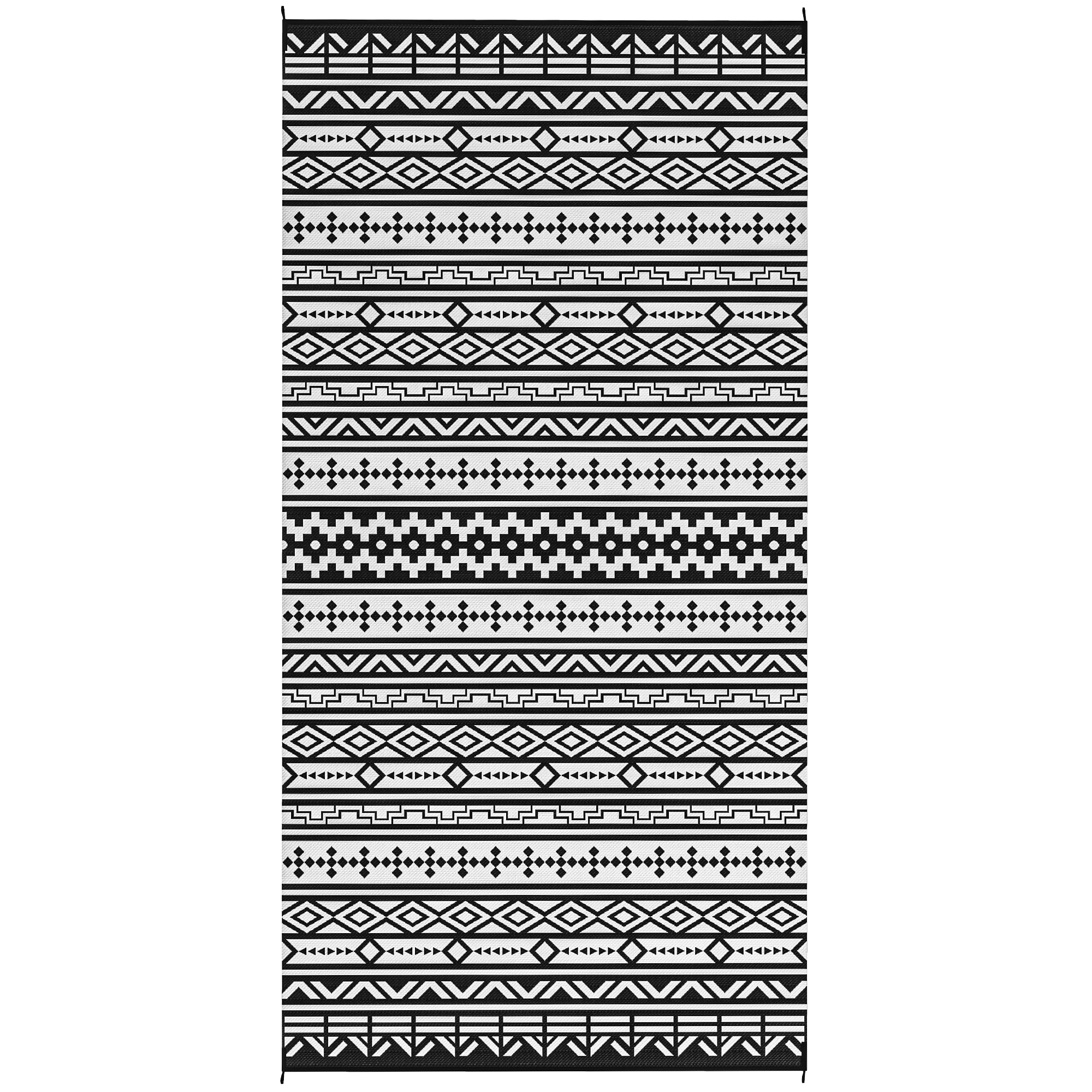 Outsunny Reversible Outdoor Rug, Waterproof Plastic Straw with Carry Bag, 9' x 18', Black & White Geometric Wall