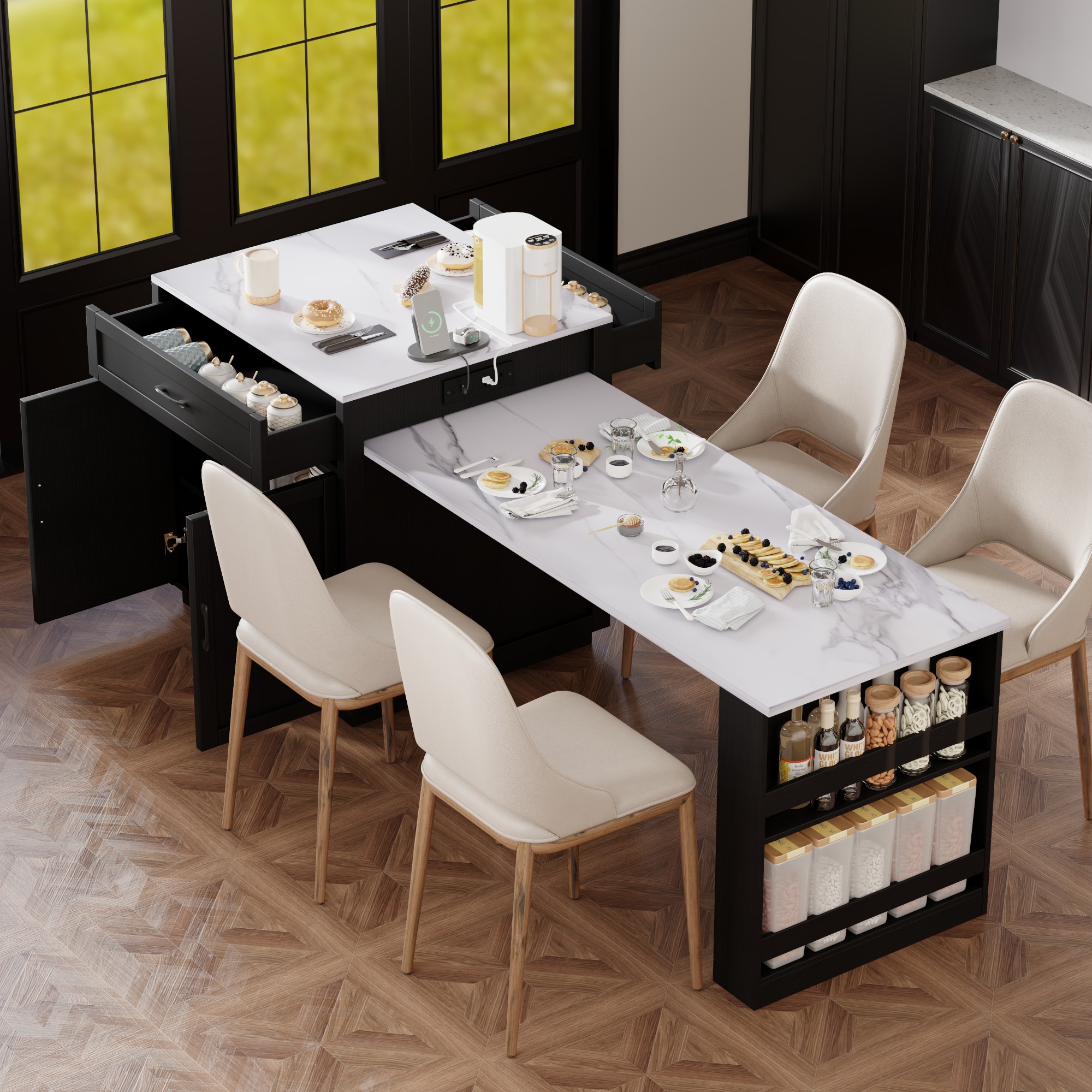 83" Kitchen Island with Movable Dining Table and Strong Storage, Kitchen Island and Table, 83" L x 27.5" W x 36" H, Black & White Aosom Canada