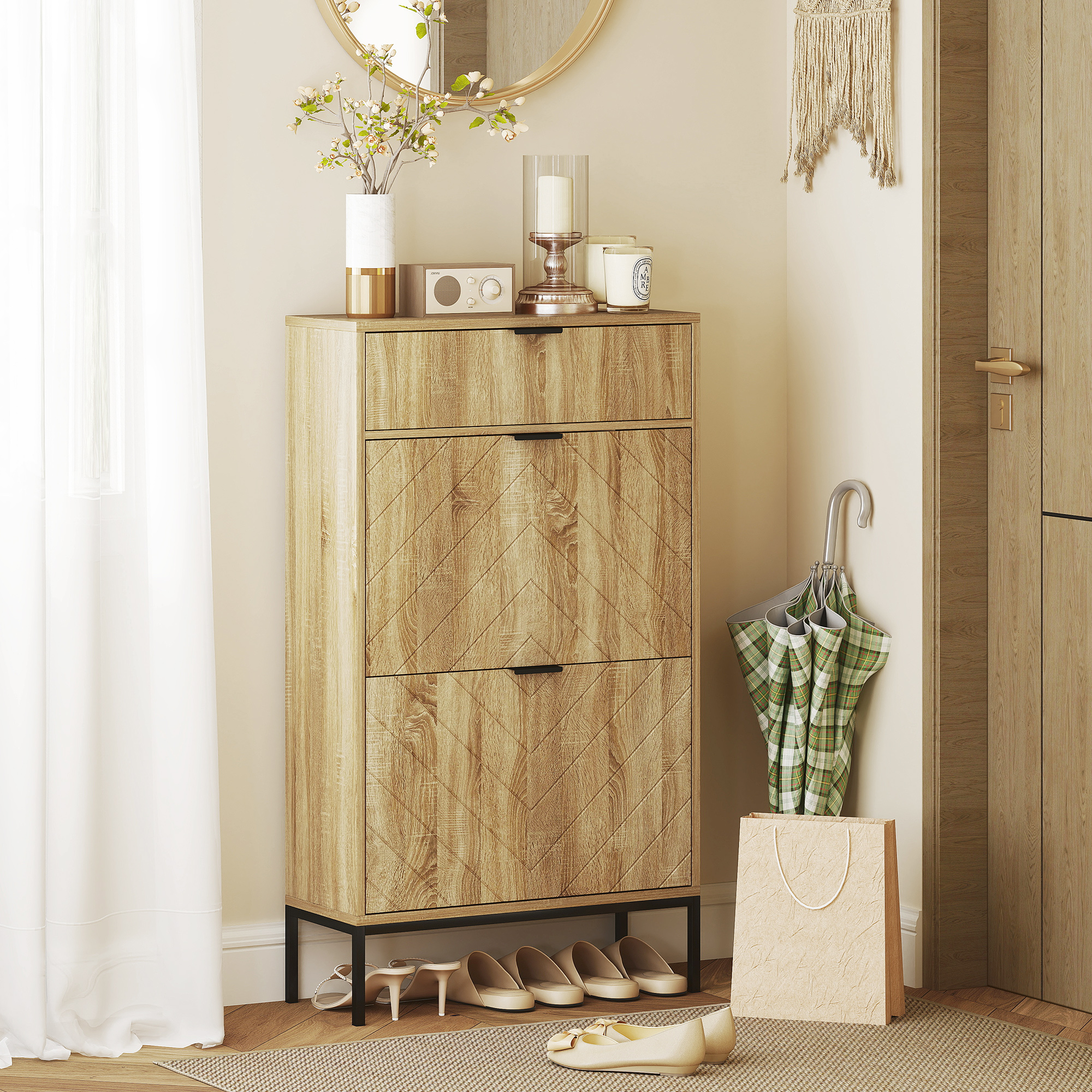 HOMCOM Narrow Shoe Storage Cabinet with Flip Drawers, Shoe Cabinet with Adjustable Shelves, Sliding Drawer, Holds 8 Pairs, Oak Aosom Canada