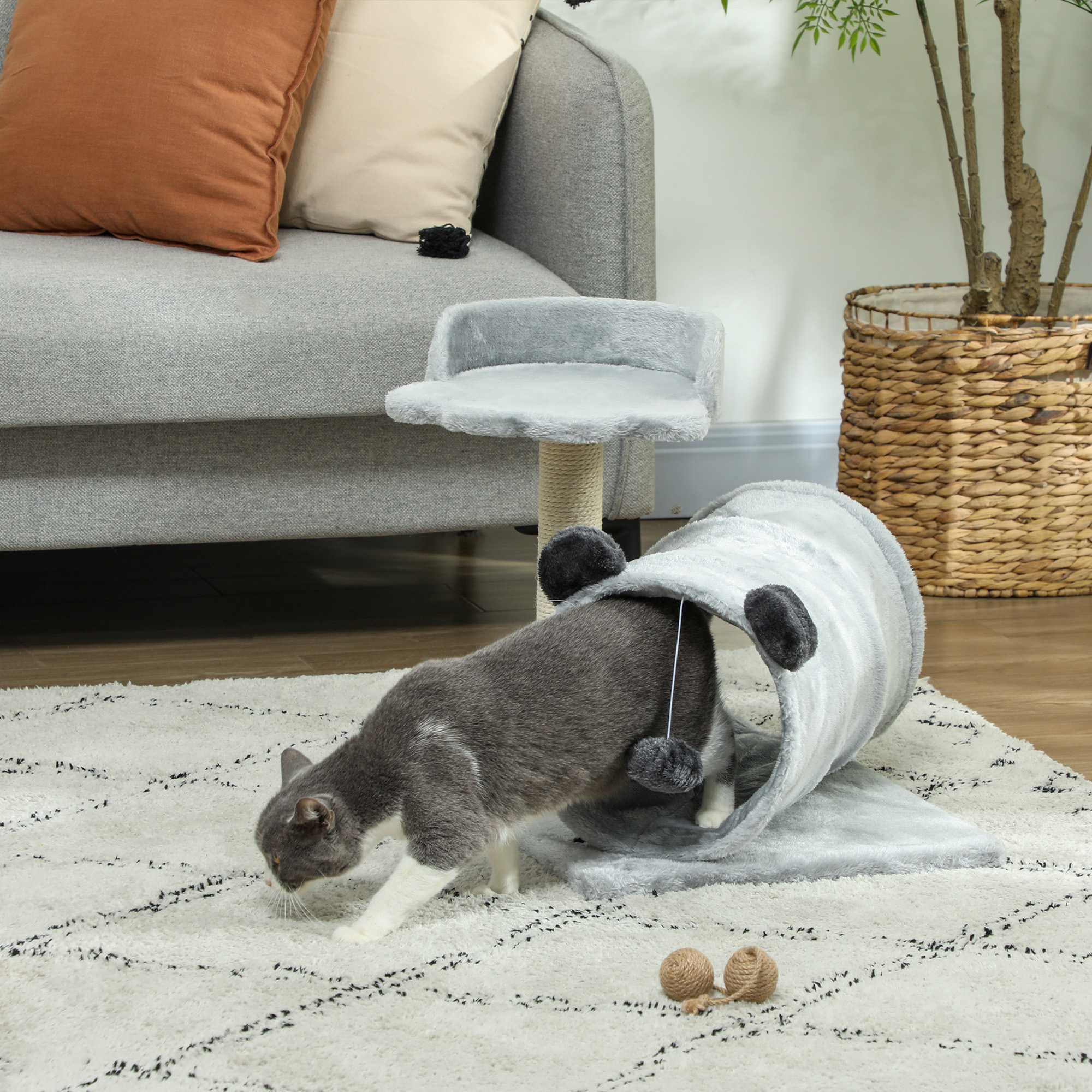 PawHut 18.5" Small Cat Tree, Compact Cat Tower with Tunnel, Scratching Post, Plush Bed, Dangling Ball, for Indoor Use, Grey Aosom Canada