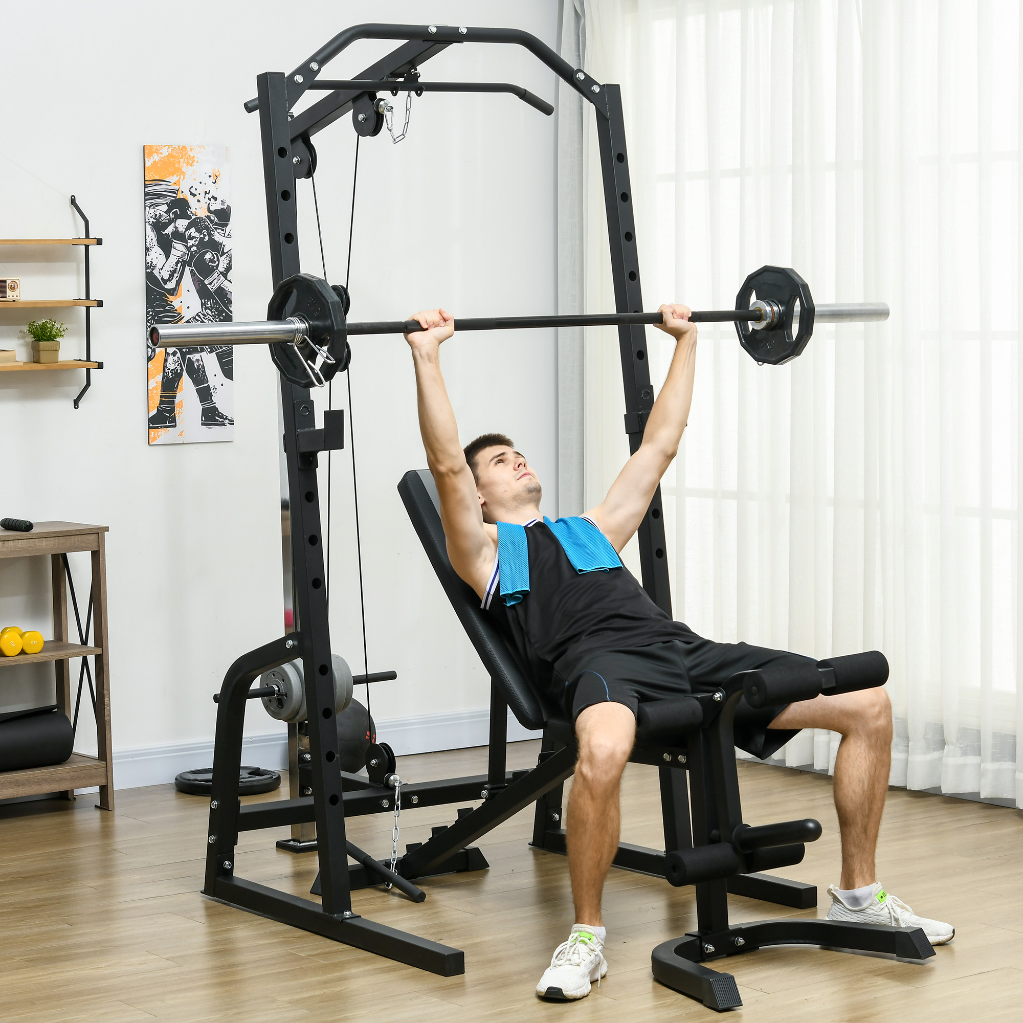 Soozier Smith Machine, Multi-Functional Power Cage w/ Adjustable Bench, Barbell Bar, Cable Pulley System, 15-Level Squat Rack | Aosom Canada