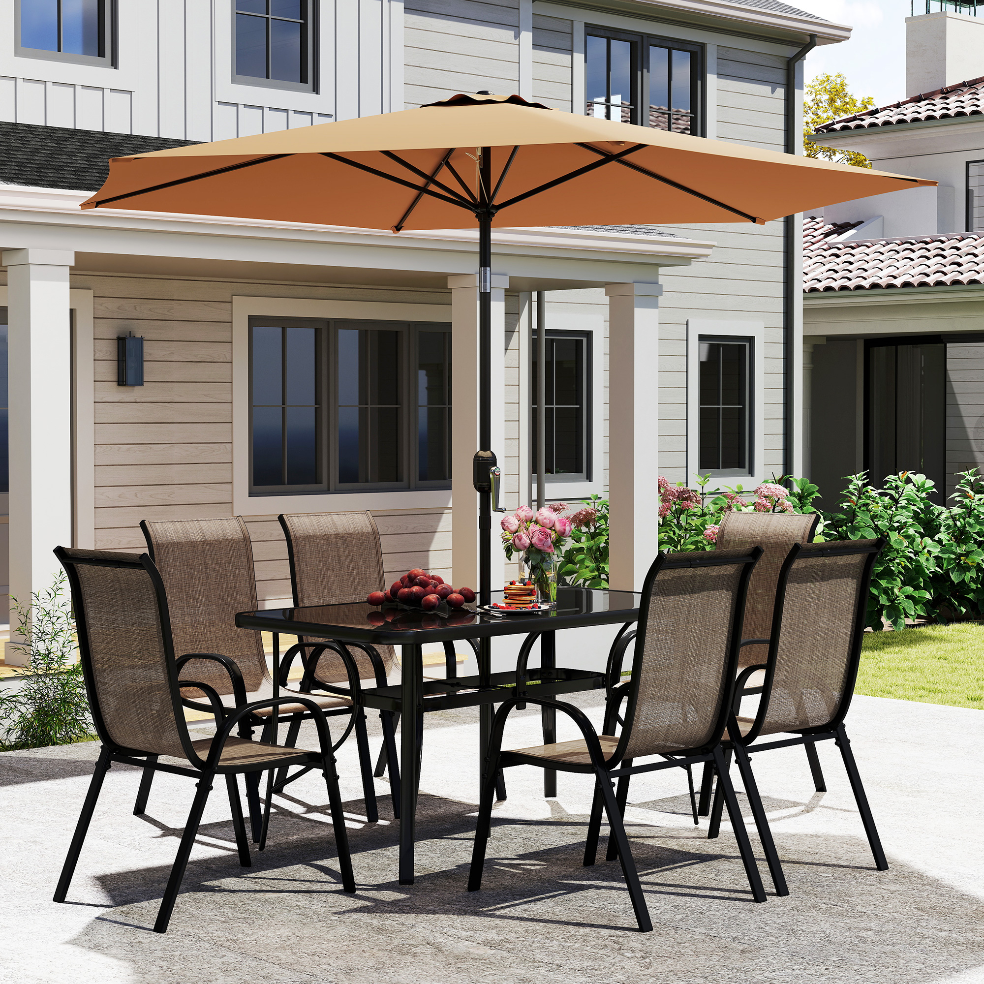 8 pcs patio garden sets tables chairs umbrella Outsunny Pieces Outdoor Dining Set with Umbrella, 6 Sling and Table, Cream White and gatherings Outsunny 8 Pieces Patio Furniture