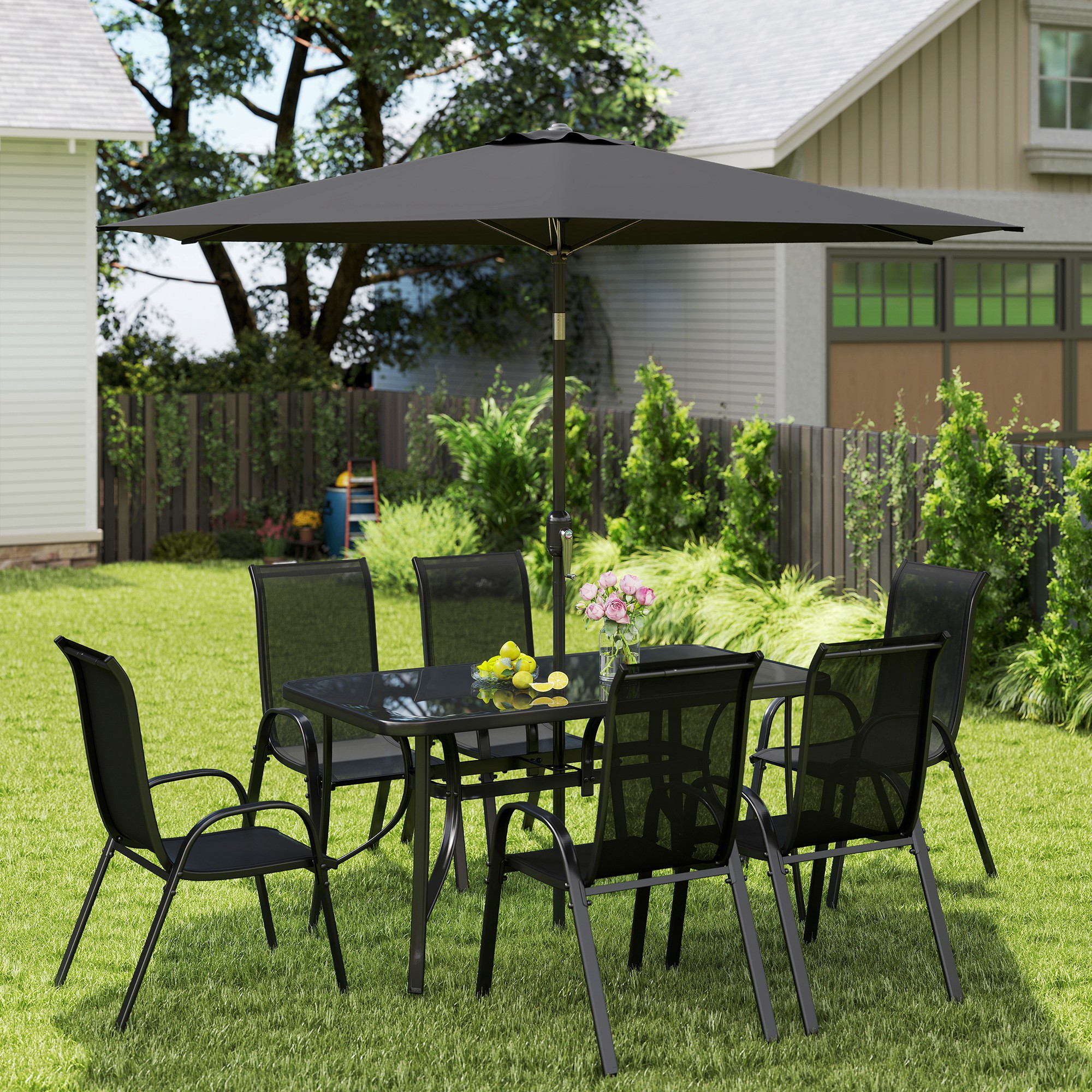 8 pcs patio garden sets tables chairs umbrella MIXPATIO Acacia Wood Dining Set for w/Expandable Table & 8 PHI VILLA Dining Set with elegant and classic black design brings unique aesthetic feeling to your patio Outsunny 8 Pieces Patio Table