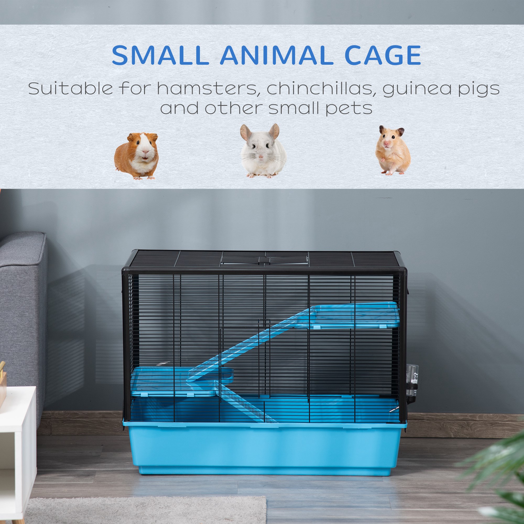 View of PawHut 3-tier Hamster Cage, Guinea Pig Cage with Accessories Food Dish ...