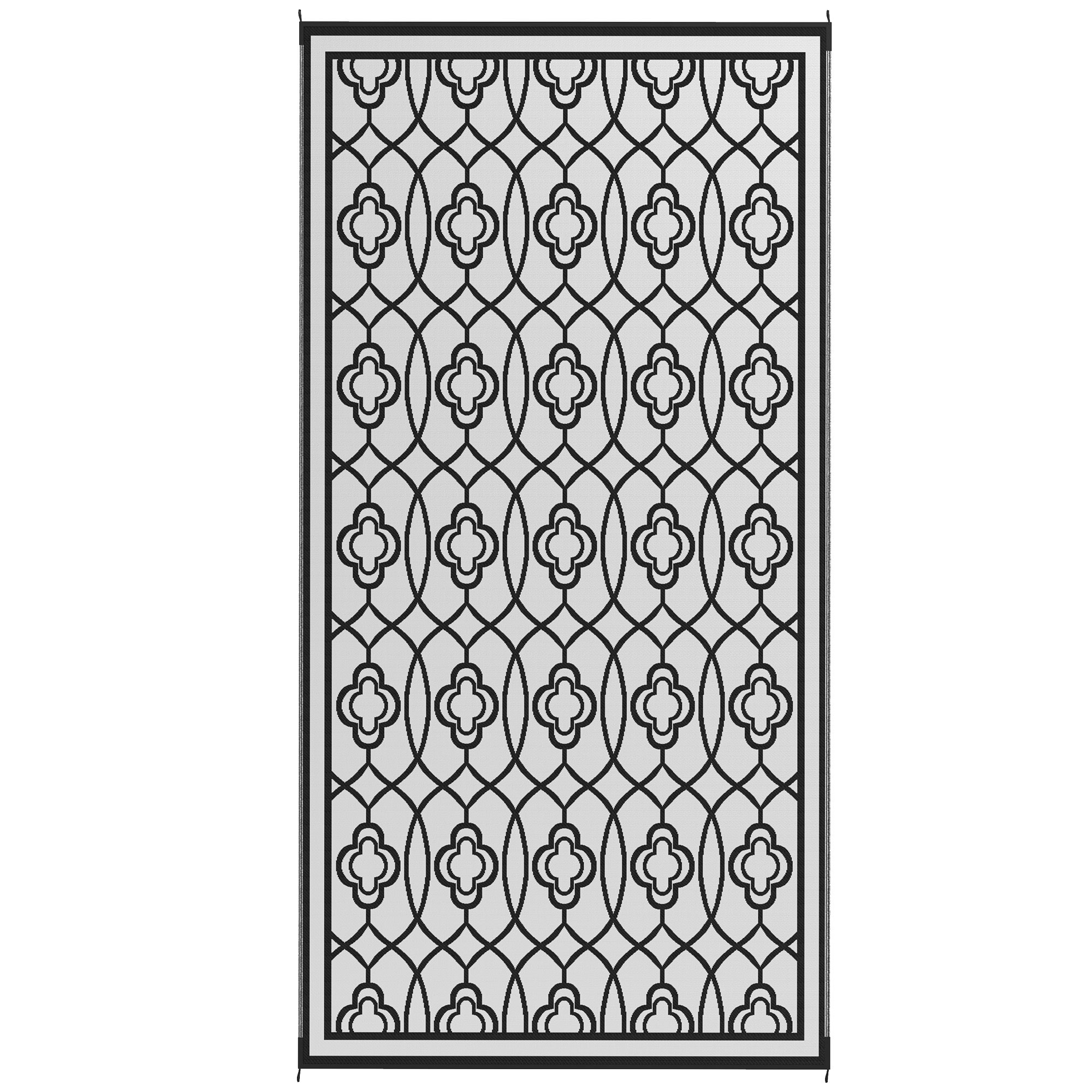 Outsunny Reversible Outdoor Rug, Waterproof Plastic Straw with Carry Bag, 9' x 18', Black & White Lantern