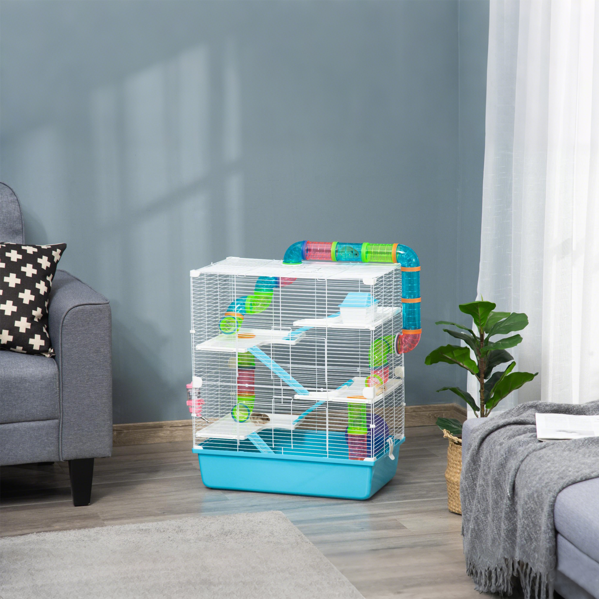 PawHut 23" Large Hamster Cage, Animal House with Tunnel Tube System, Water Bottle and Exercise Wheel, Light Blue Aosom Canada