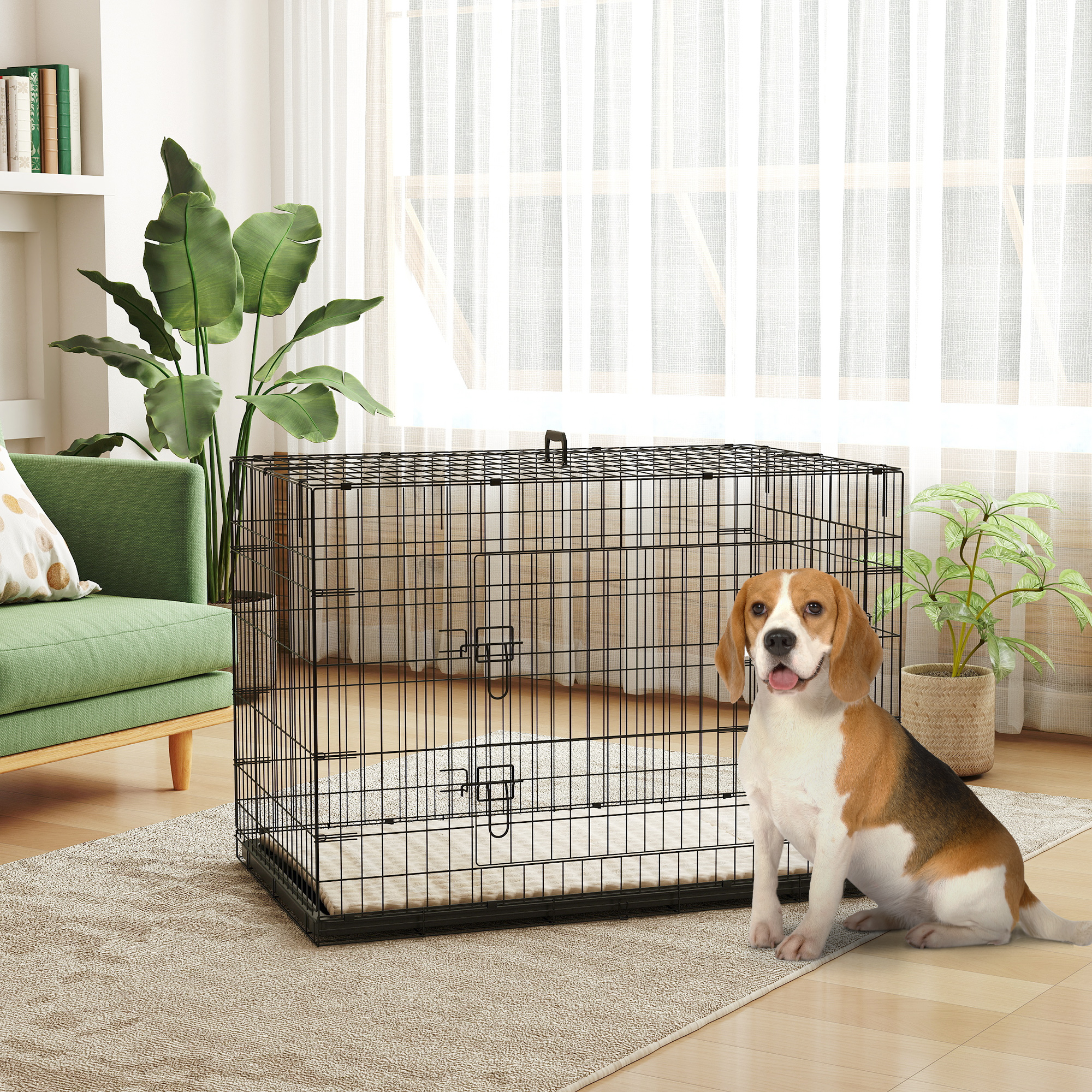 PawHut 41" Dog Crate with 2 Doors, Folding Metal Dog Cage with Soft Cushion, Removable Tray, Handle, for Small Dogs, Black Aosom Canada