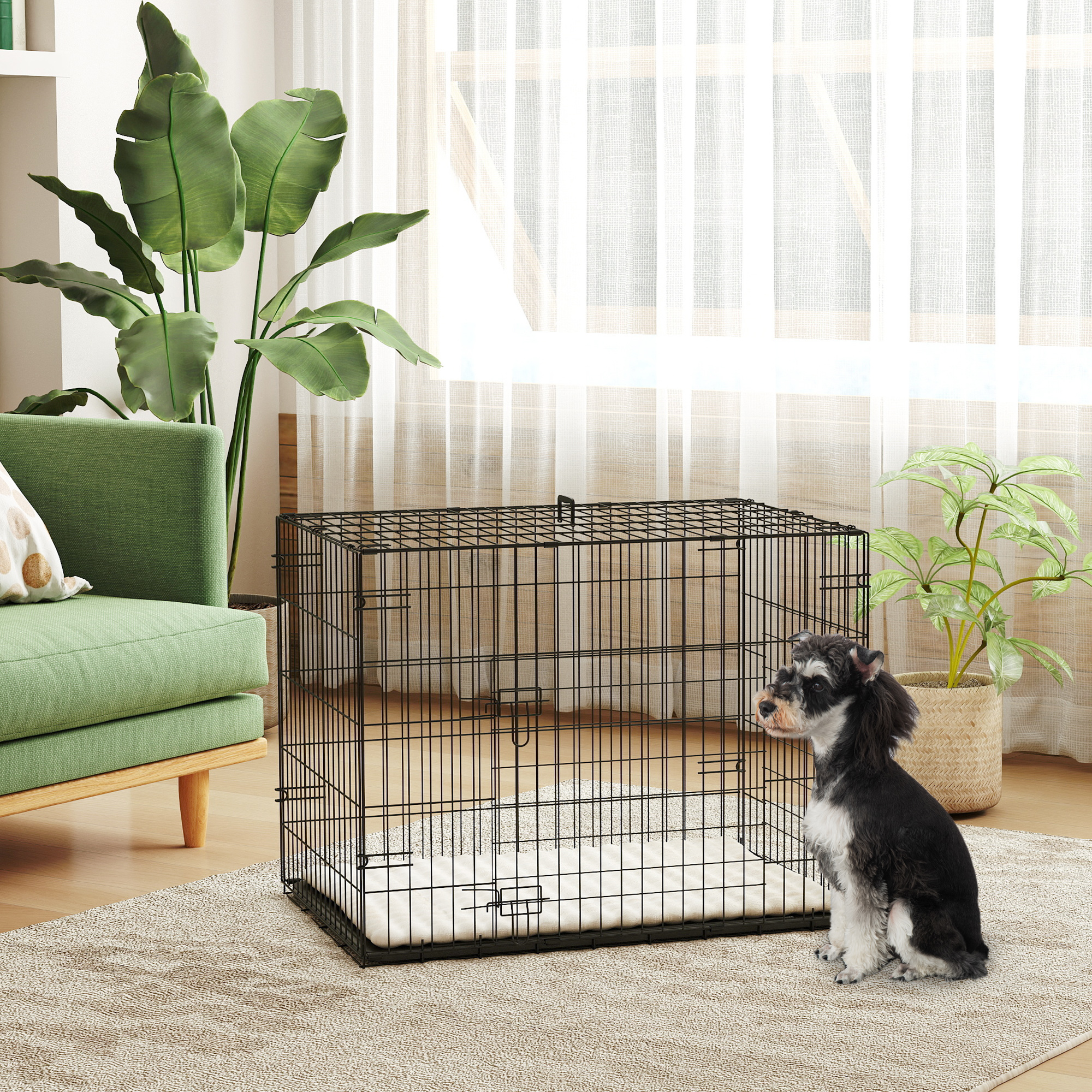 PawHut 30" Dog Crate with 2 Doors, Folding Metal Dog Cage with Soft Cushion, Removable Tray, Handle, for Small Dogs, Black Aosom Canada