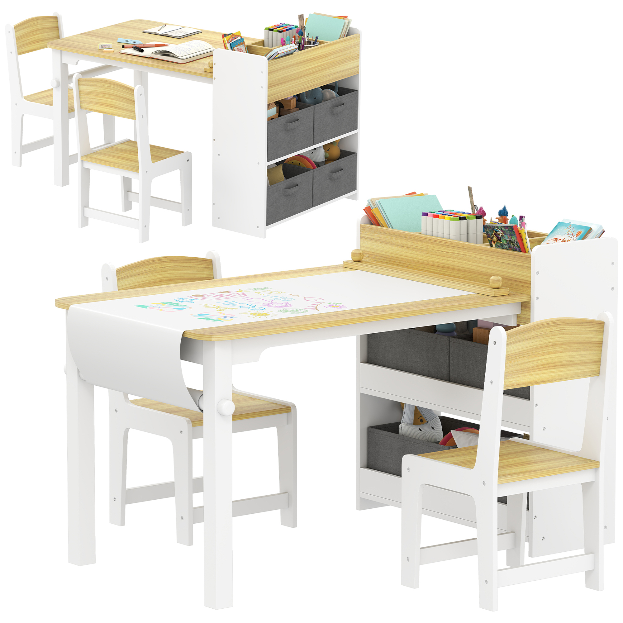 Qaba Kids Desk and Chair Set with Paper Roll, Kids Activity Craft Table ...
