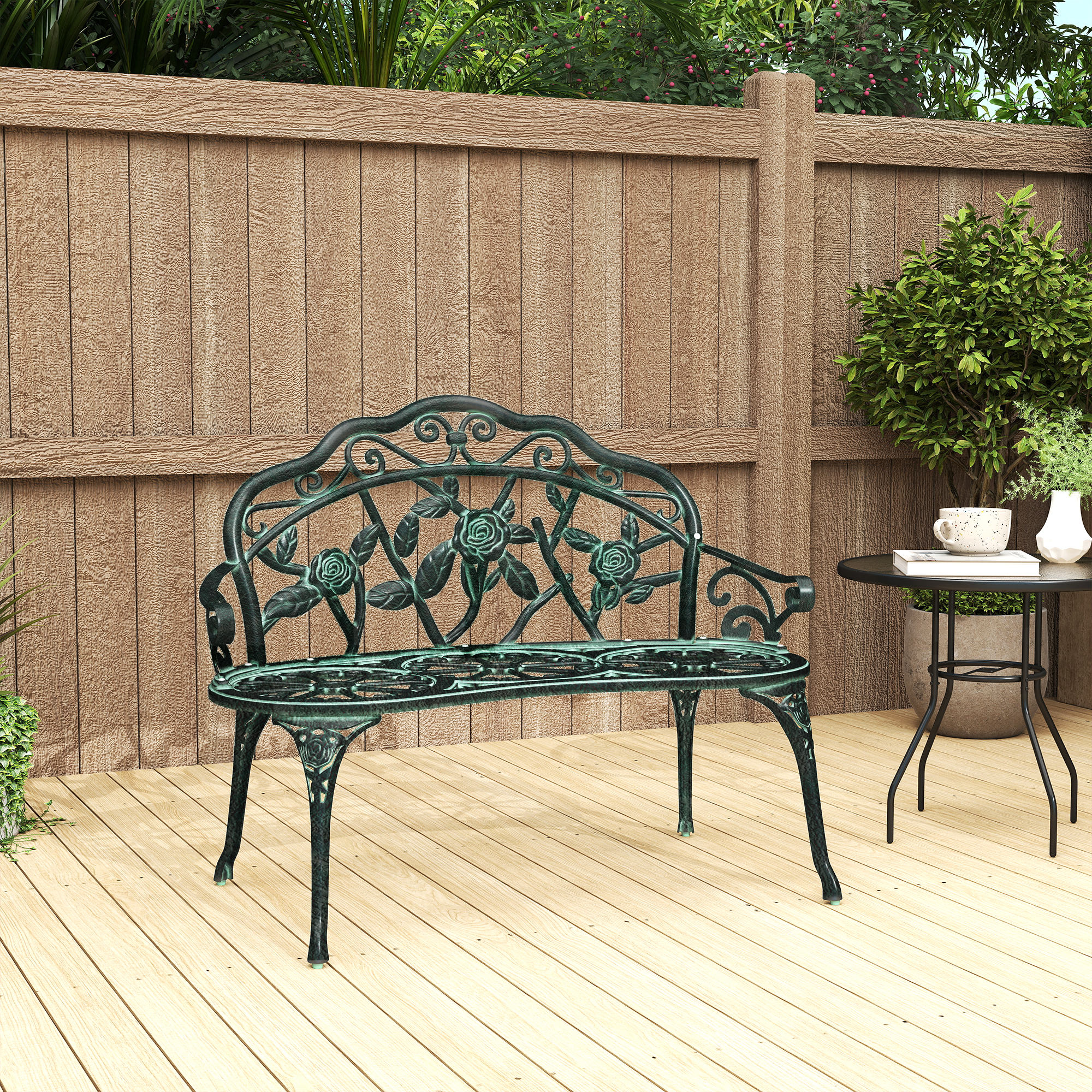 Giantex Antique Green Cast Aluminum Garden Bench - Outdoor Patio Bench With Rose Design & Curved Legs