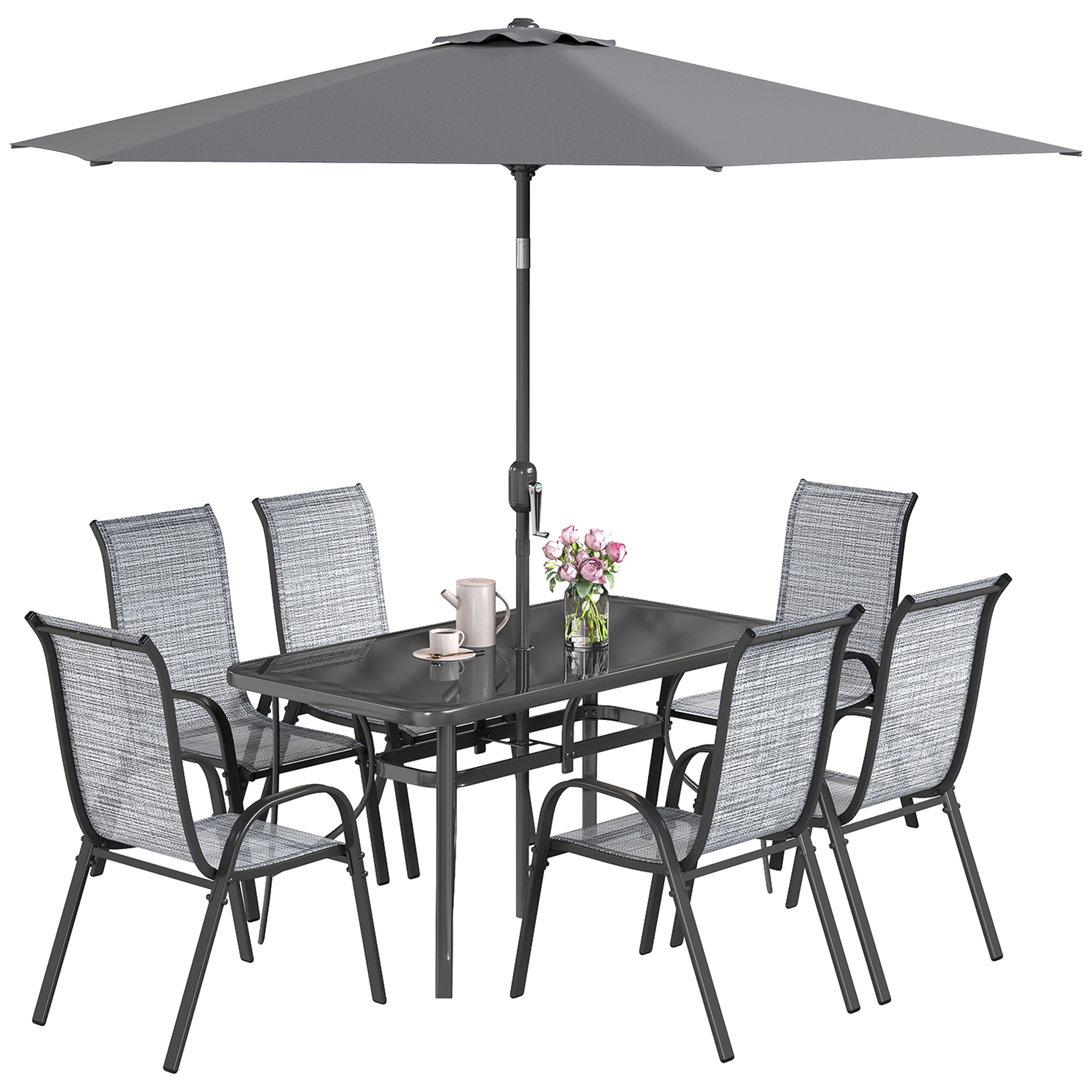 grey patio dining set with umbrella Pamapic Outdoor Sets for 6, Rectangular Steel Slat Table 6 Textilene Chairs, 7 Piece Table and Chairs with Hole for Patio, Backyard, Poolside (Grey, No Umbrella) Walsunny 6 Pieces patio dining set is a great choice for your family and friends gathering Outsunny 8 Pieces Patio Furniture